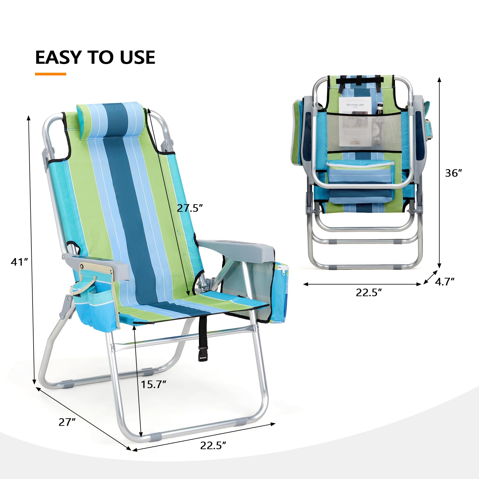 VINGLI 2 Pack Tall Beach Chairs with 5-Position Recline, Cooler Bag, Cup Holders & Towel Bar - Lightweight Folding Camping Chairs for Adults (Blue/Green) - Perfect for Beach, Poolside, Backyard, Camping & Outdoor Relaxation
