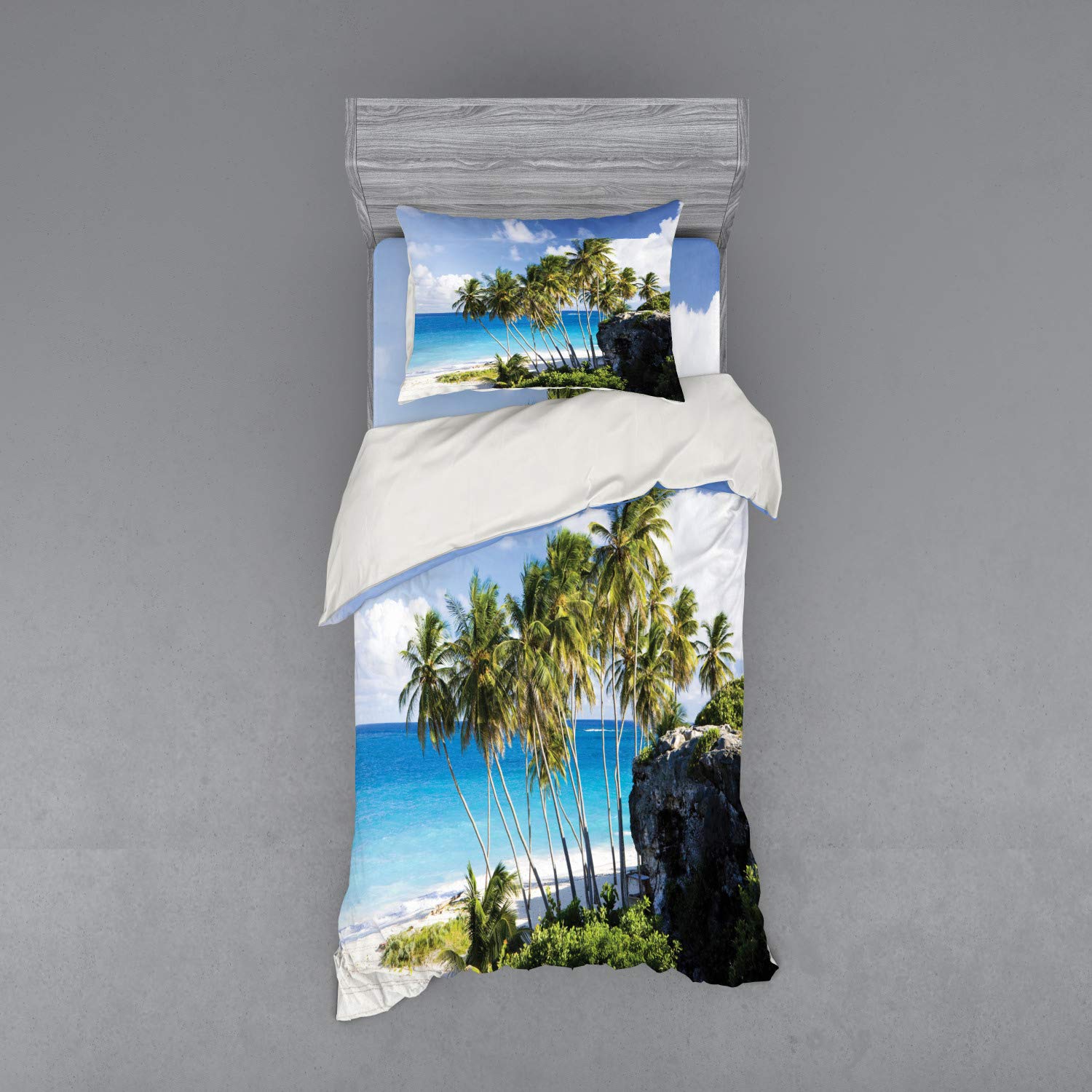 Ambesonne 3-Piece Travel Duvet Cover Set - Twin Size, Caribbean Island Palm Tree Ocean Print Bedding with Sham & Fitted Sheet, Cream Blue | Tropical Beach Themed Bedroom Decor for Vacation Vibes