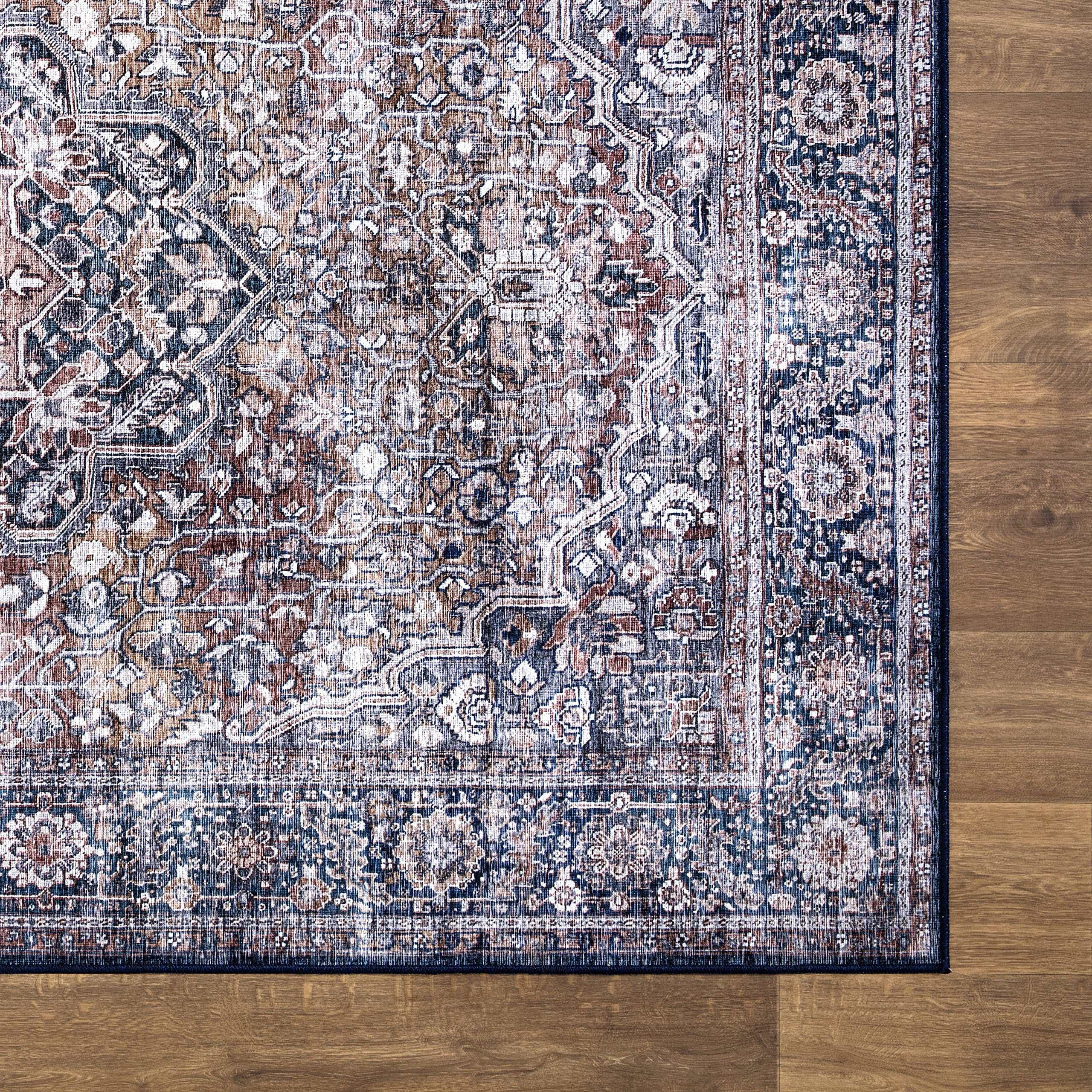 Abani 8' x 10' Vintage Rectangular Area Rugs - Blue & Brown Machine Washable Polypropylene Rug, Stain Resistant Non-Shedding Large Rug for Living Room, Bedroom, Dining Room & Office