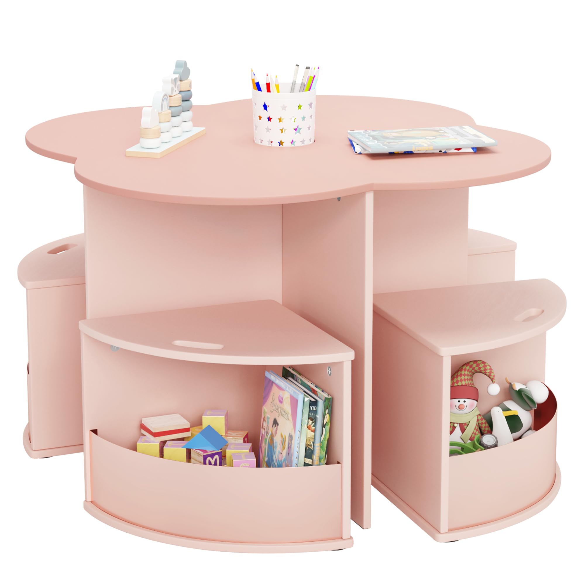 **Pink Flower-Shaped Kids Table and Chair Set with 4 Storage Stools & Built-in Pen Holder - Toddler Activity, Play, Art, Reading & Craft Table - Ideal for Playrooms, Daycares, Homeschooling & Montessori Learning**