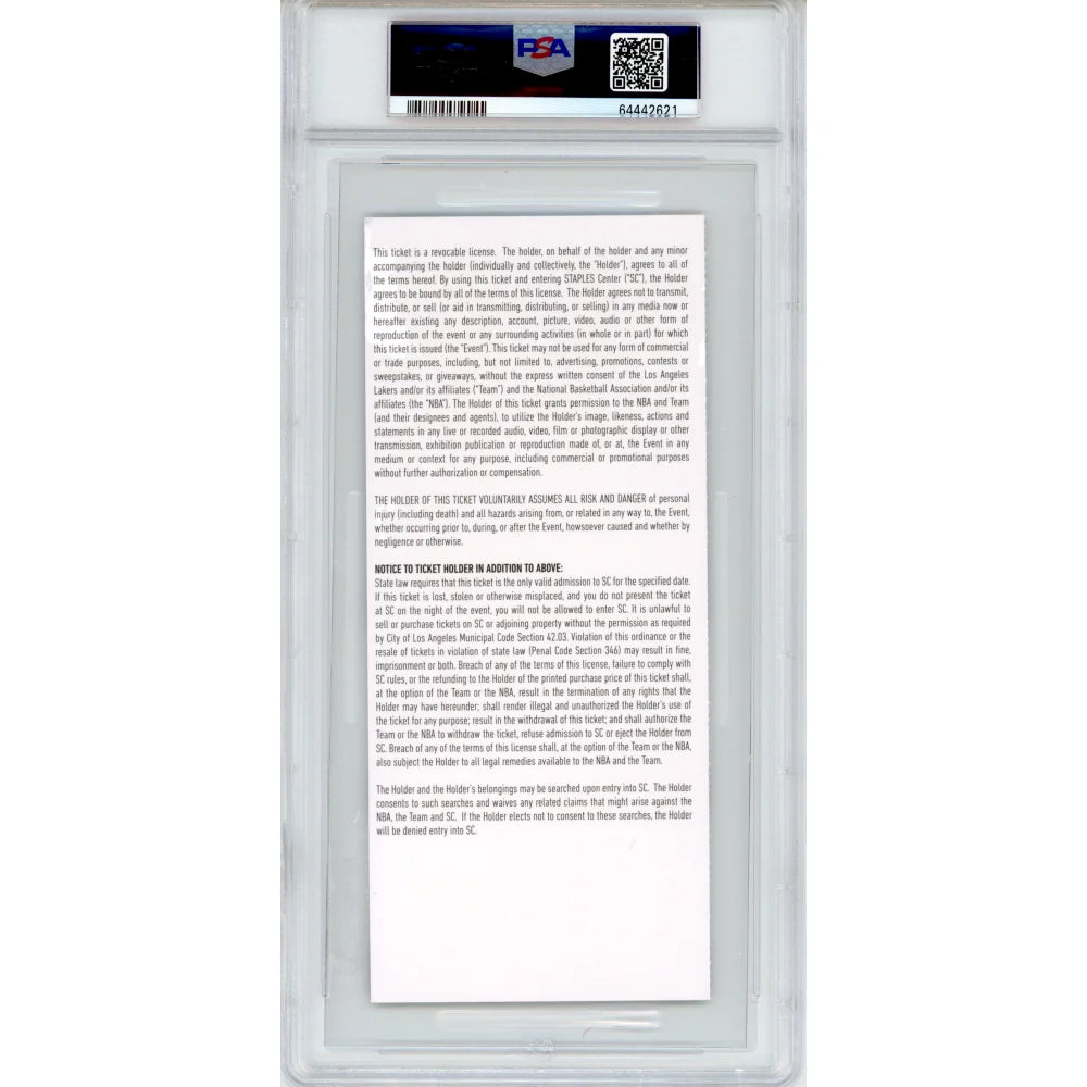 Kobe Bryant Dear Basketball Retirement Authentic Ticket 11/29/15 PSA 6 Lakers - Perfect for NBA Memorabilia Collection & Sports Fan Gift
