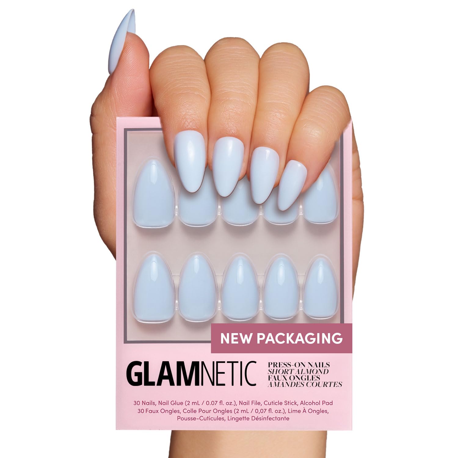 Glamnetic Press On Nails - Blueberry Milk | Light Blue Short Almond Fake Nails, Reusable False Nails with 15 Sizes (30 Pieces) | Perfect for Parties, Weddings, Daily Wear & Nail Art