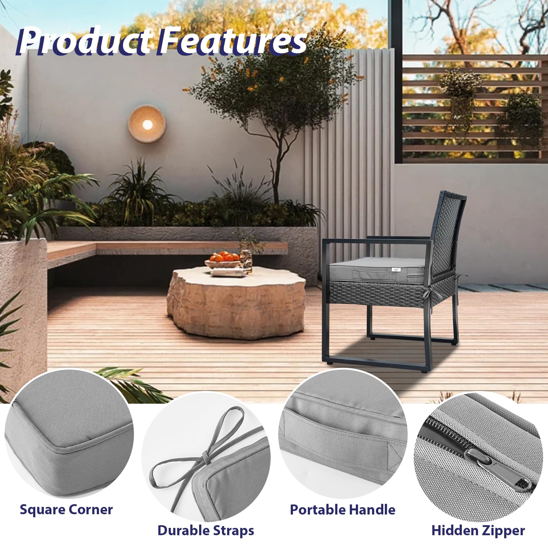 Waterproof Outdoor Chair Cushions Set of 4 - 19x19x3 Inch Patio Seat Cushions with Handles & Ties, Light Grey - Perfect for Garden, Deck, Poolside & Outdoor Furniture Comfort