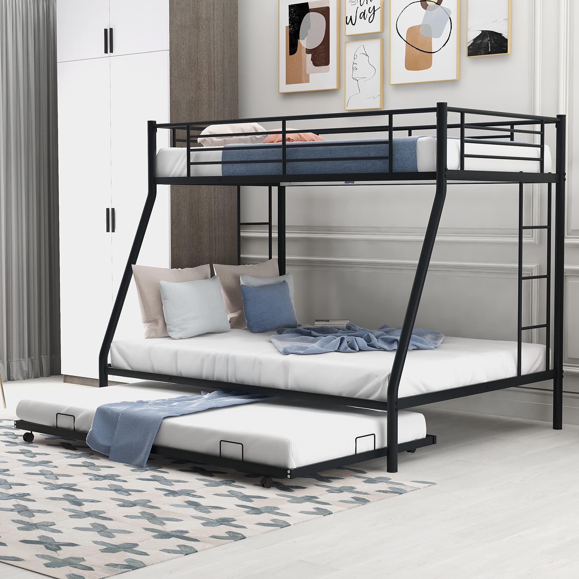 Sturdy Metal Bunk Bed with Trundle - Twin Over Full Size Steel Frame Bed for Kids, Teens & Adults - Includes 2 Side Ladders & Safety Guard Rails - No Box Spring Needed (Black) - Perfect for Dorms, Small Bedrooms & Guest Rooms