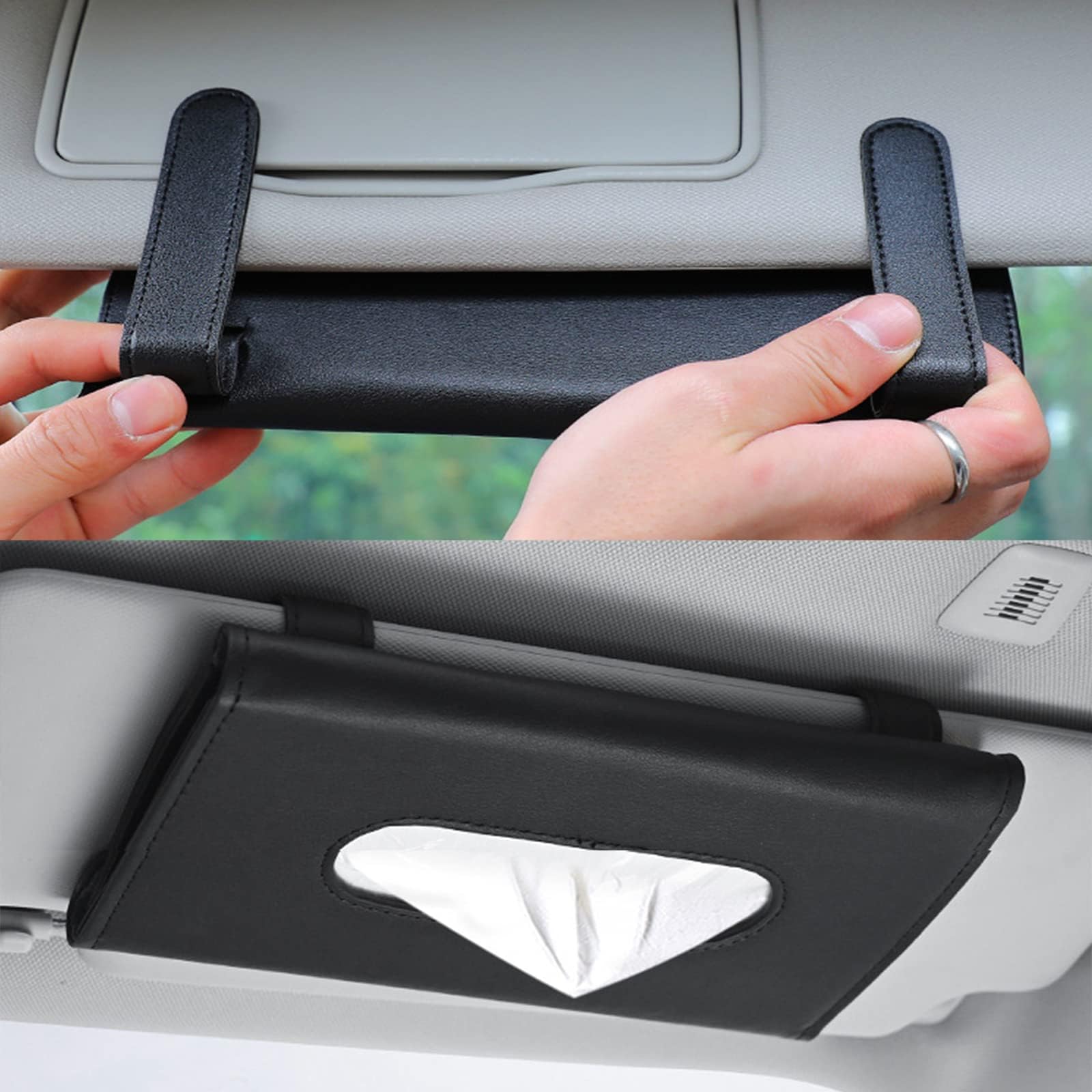 Black PU Leather Car Sun Visor Tissue Holder - Hanging Napkin Storage Box & Clip for Car Accessories | Perfect for Road Trips, Commuting & Family Travel