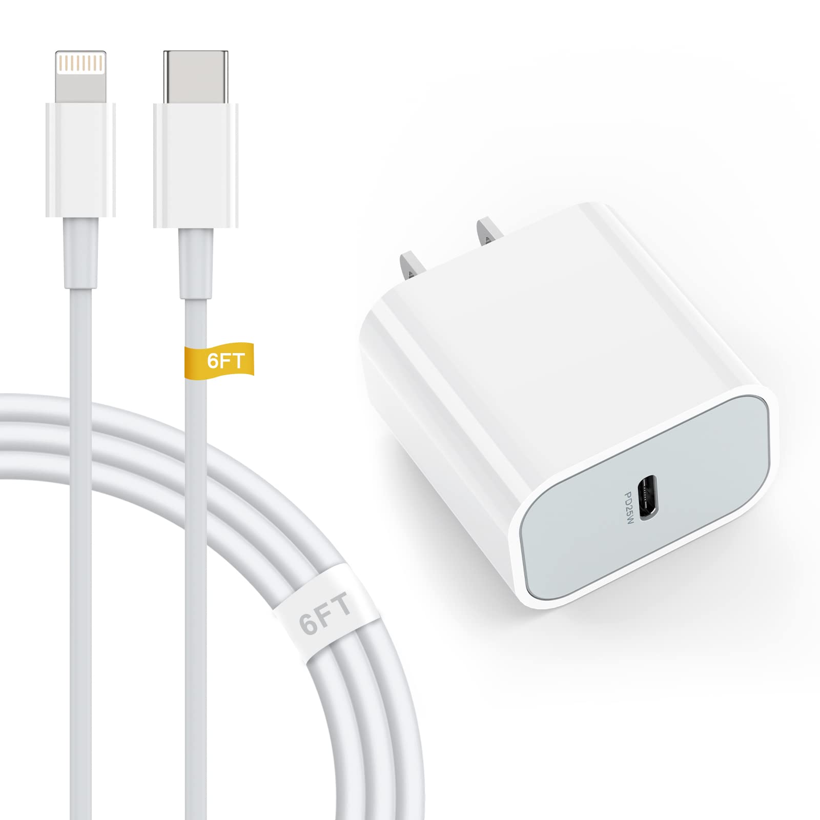 25W USB C Fast Charger Block with 6FT MFi Certified USB C to Lightning Cable - PD Charger for iPhone 14/13/12/11/XS/XR/X/8 - Quick Charge for Home, Office & Travel