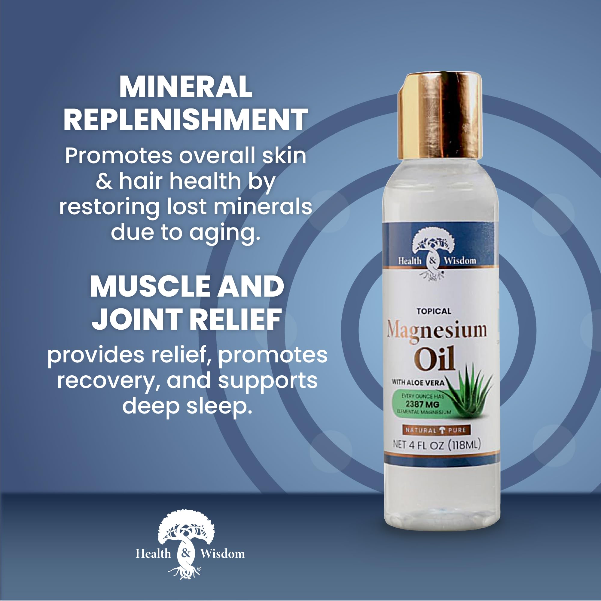 Health and Wisdom Pure Magnesium Oil with Aloe Vera - 4 Fl Oz | Transdermal Magnesium Chloride Oil for Foot Care, Bath & Massage | Relieves Muscle Soreness & Promotes Relaxation | Perfect for Post-Workout Recovery & Stress Relief
