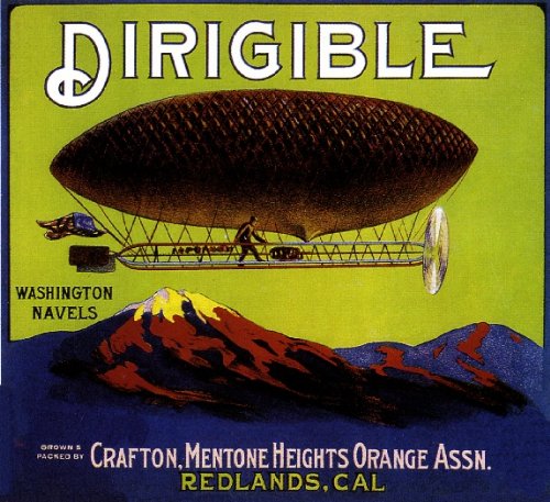 Vintage Redlands Dirigible Blimp Orange Citrus Fruit Crate Box Label Art Print - Retro Kitchen Decor, Bar Wall Art, Farmhouse Style Home Decoration