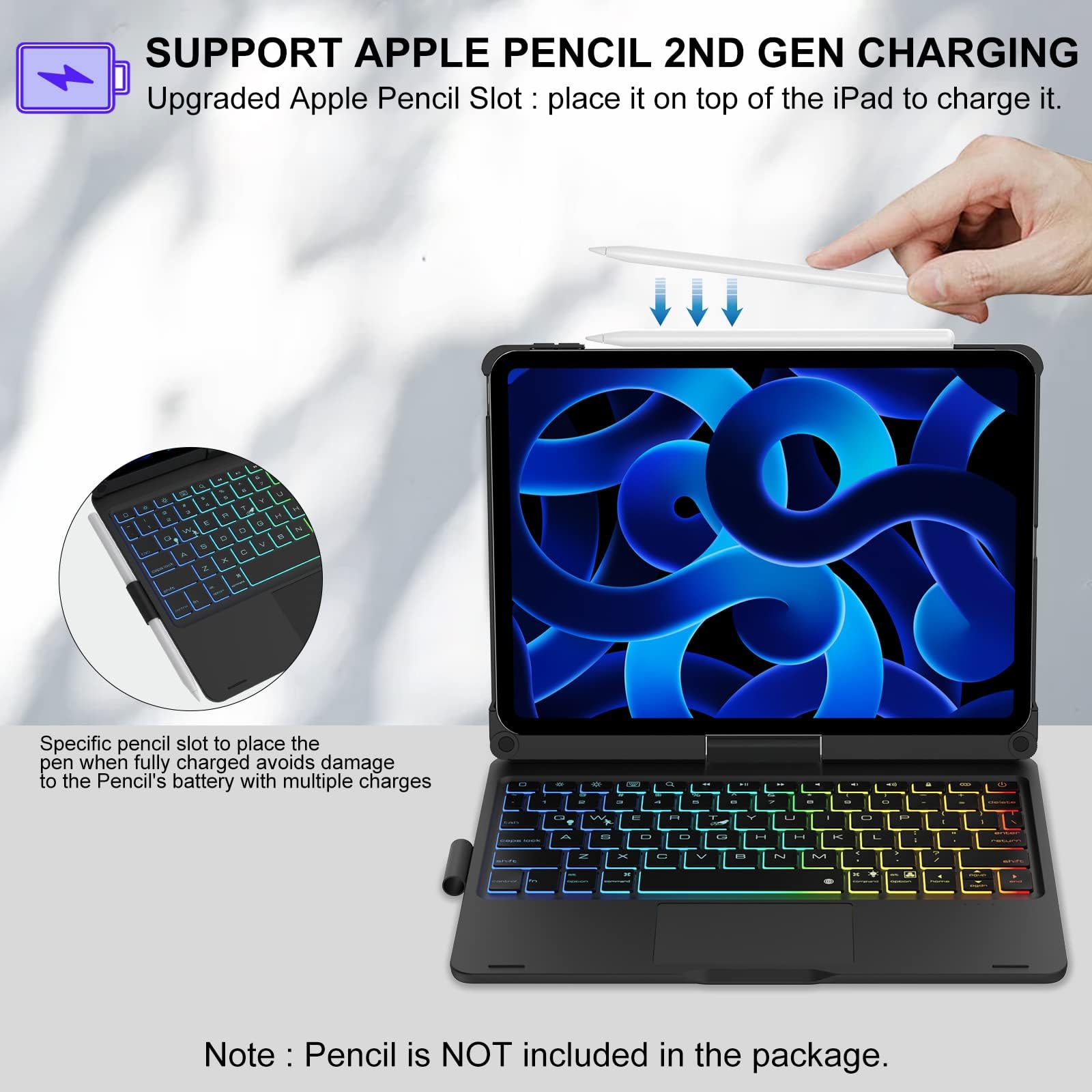 iPad Air 11-inch (M2) 2024 & iPad Pro 11 Keyboard Case with Multi-Touch Trackpad, Rainbow Backlit, 360° Rotatable & Apple Pencil Holder - Compatible with 1st/2nd/3rd/4th Gen & iPad Air 5th/4th 10.9