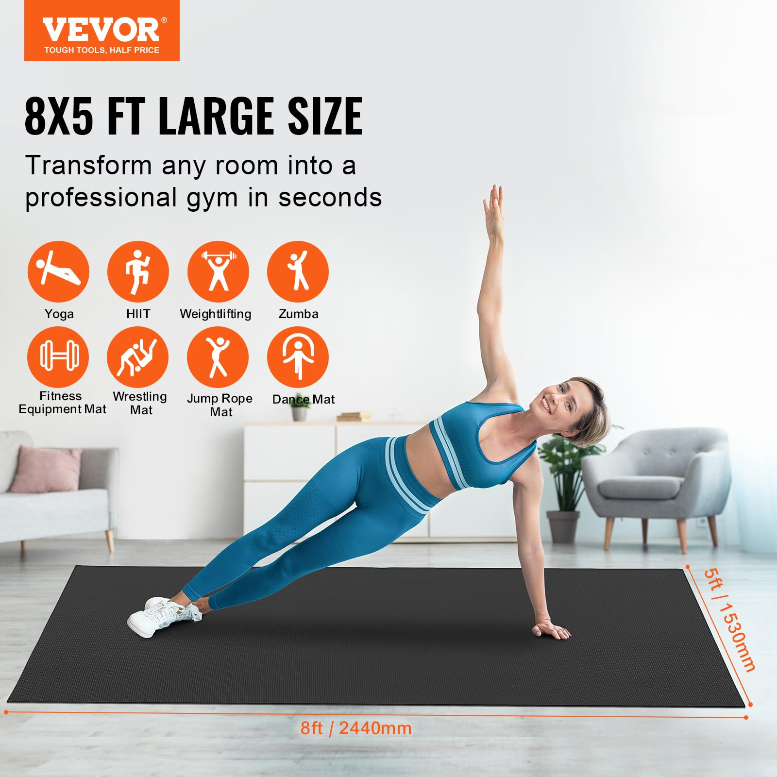 VEVOR Extra Large Non-Slip High Density Yoga Mat for Home Workouts - Premium Exercise Mat for Men & Women with Carry Bag & Strap - Ideal for Yoga, Pilates, Gym & Floor Exercises