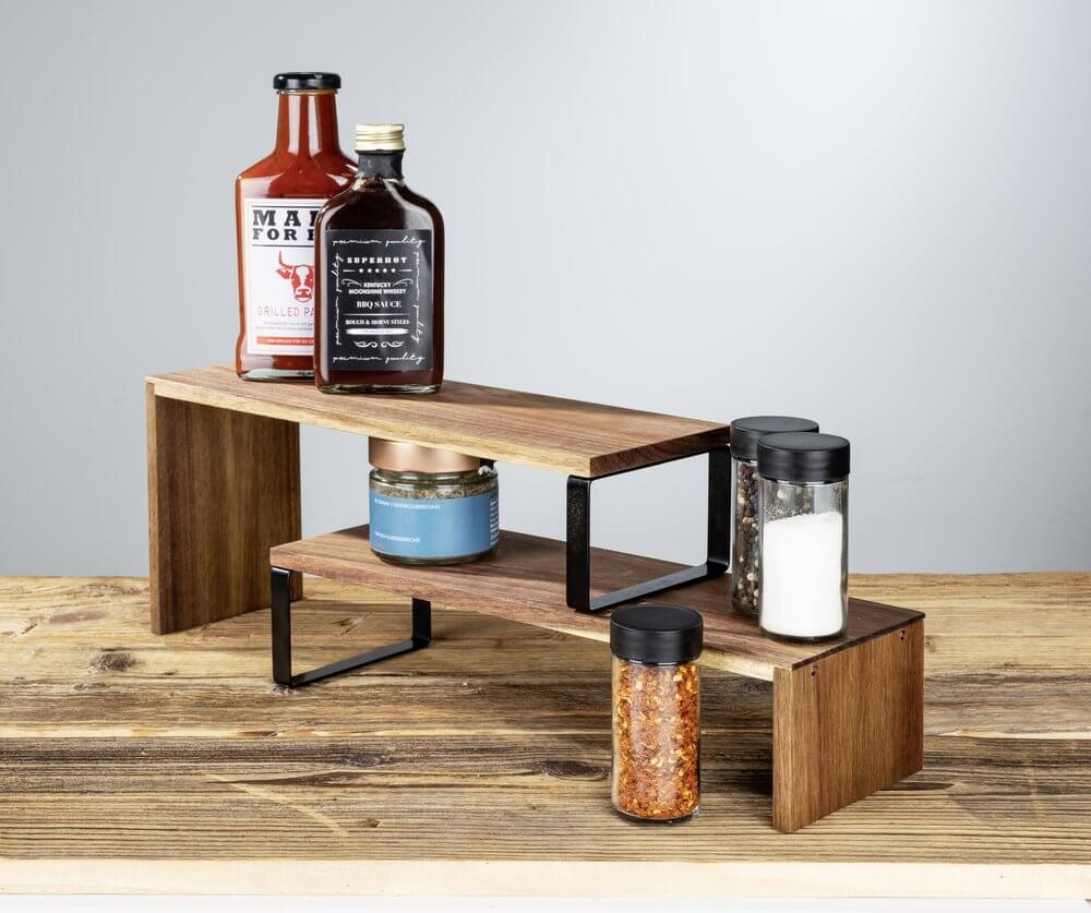 2-Tier Acacia Wood Kitchen Shelf Organizer - Pantry Storage Rack for Spices, Utensils & Small Appliances - Perfect for Countertop, Cabinet & Pantry Organization