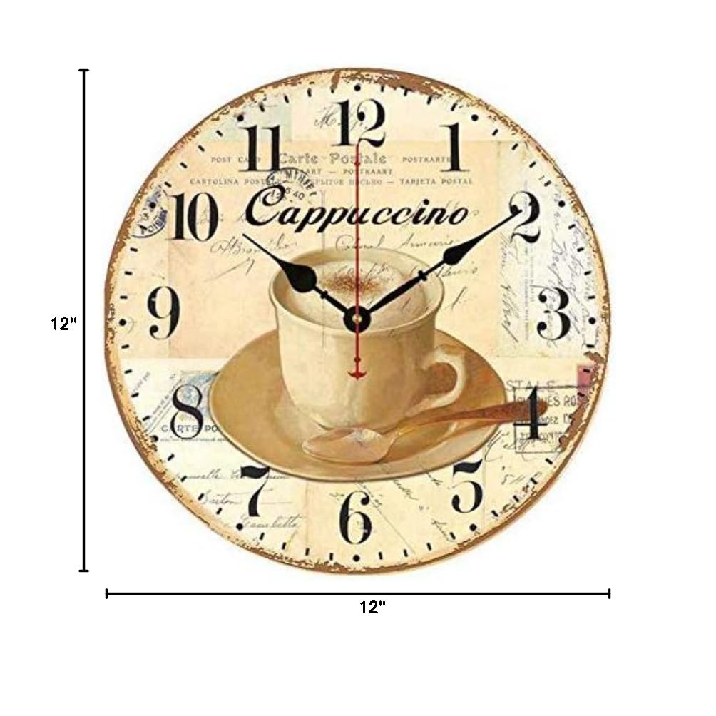 Modern Cappuccino Coffee Wall Clock - 12 Inch Battery Operated Silent Non-Ticking Clock for Home, Living Room, Bedroom & Office Decor - Perfect for Coffee Lovers & Kitchen Décor