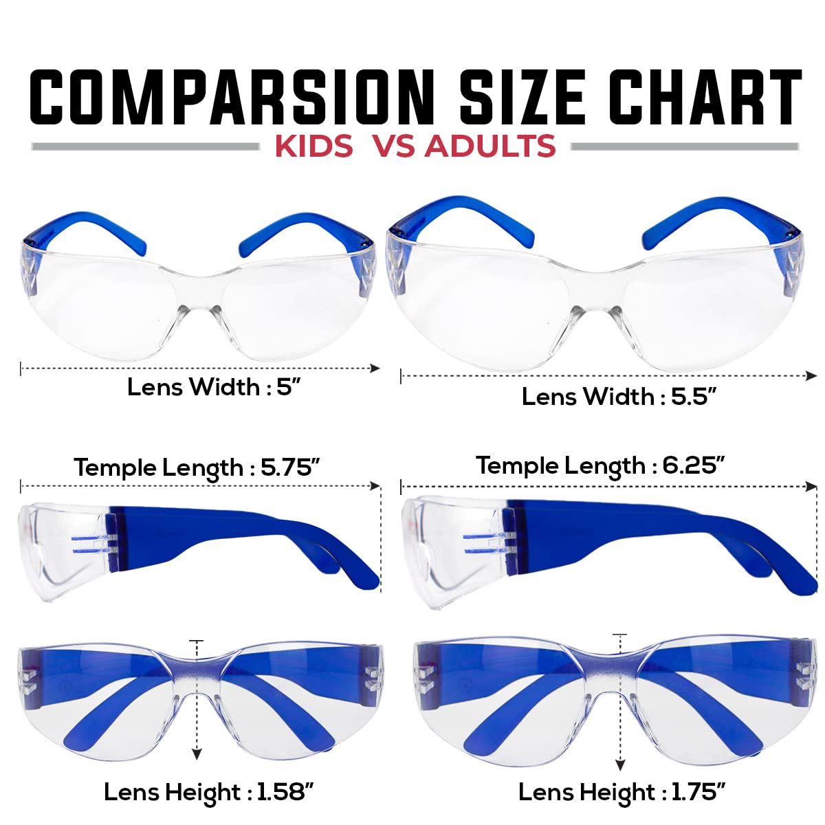 BISON LIFE Kids Safety Glasses - ANSI Z87.1 Certified Protective Eyewear for Children, Bulk Pack of Science Safety Goggles for School Labs, Woodworking, and DIY Projects
