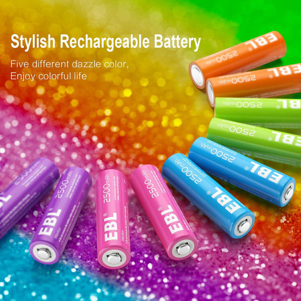 EBL 10-Pack Rechargeable AA Batteries 1.2V 2500mAh - Rainbow Colored High Capacity NiMH Batteries for Cameras, Toys, Flashlights & Electronics