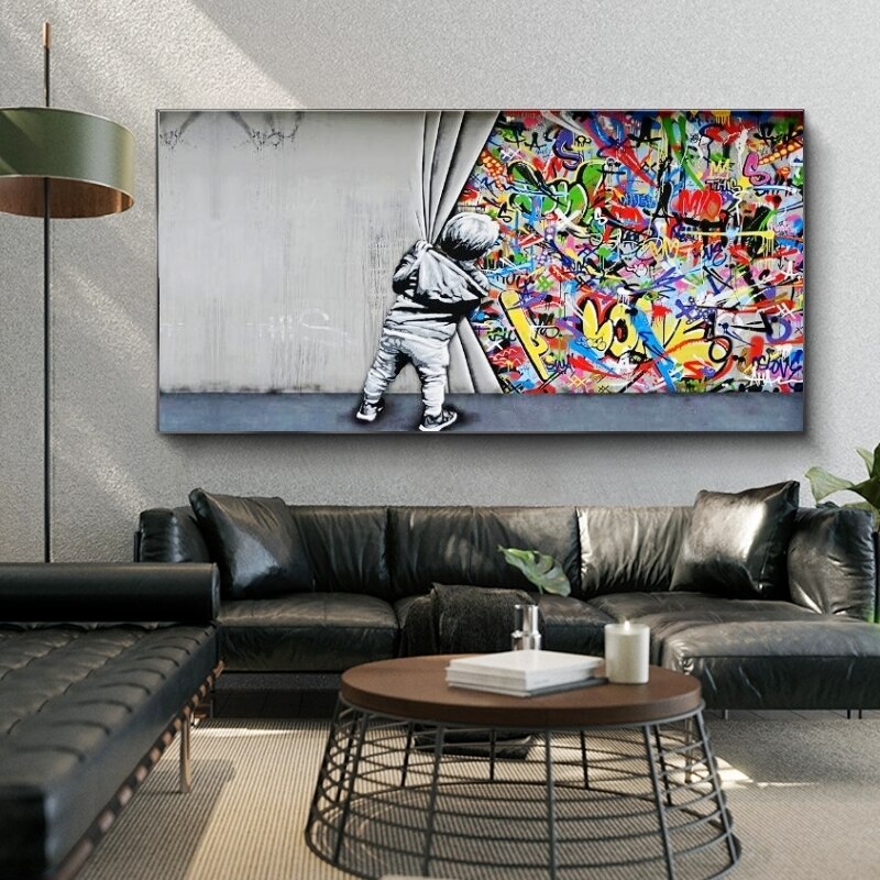 Banksy Boy Behind The Curtain Canvas Wall Art Print - Street Art Home Decor for Living Room, Bedroom & Office