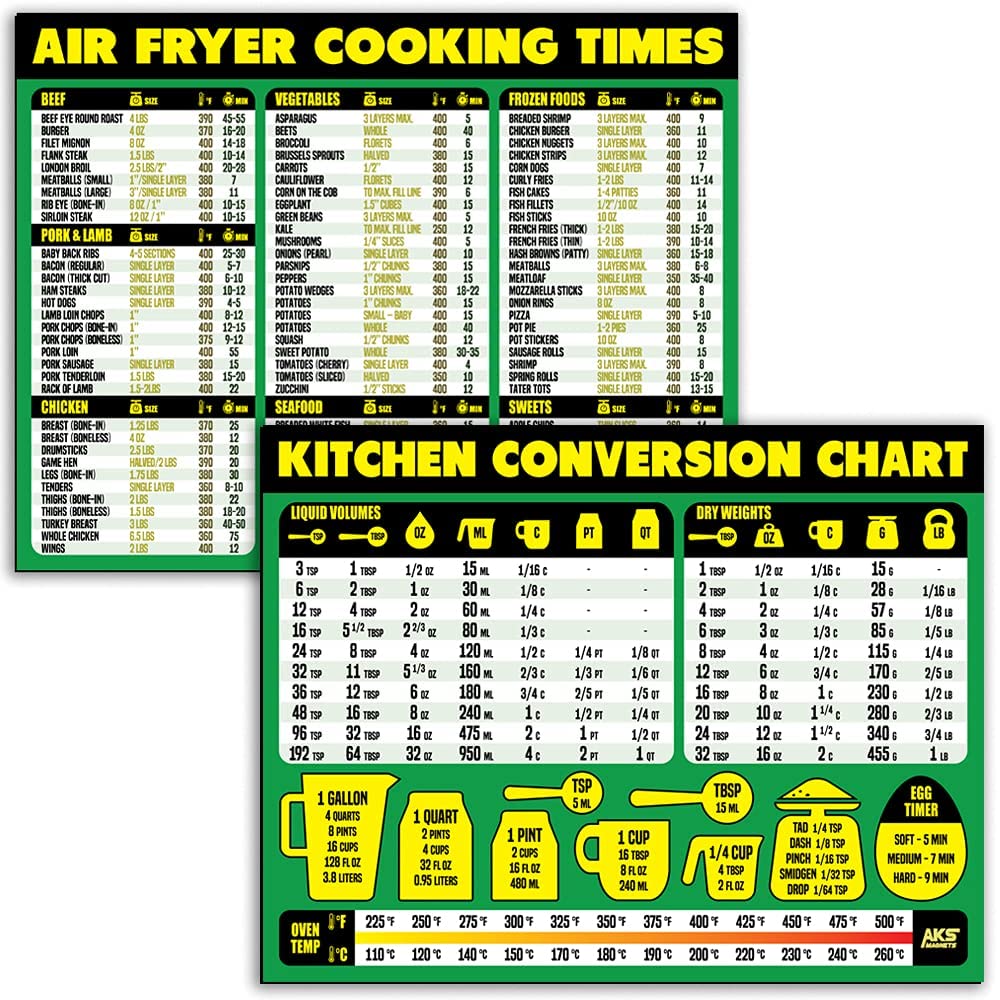 Extra Large 11” x 8.5” Air Fryer Cooking Times & Kitchen Conversion Chart Magnet Bundle - Easy Read Reference Guide for Air Frying, Baking, Cooking Measurements & Recipe Conversions - Perfect for Home Chefs & Kitchen Organization
