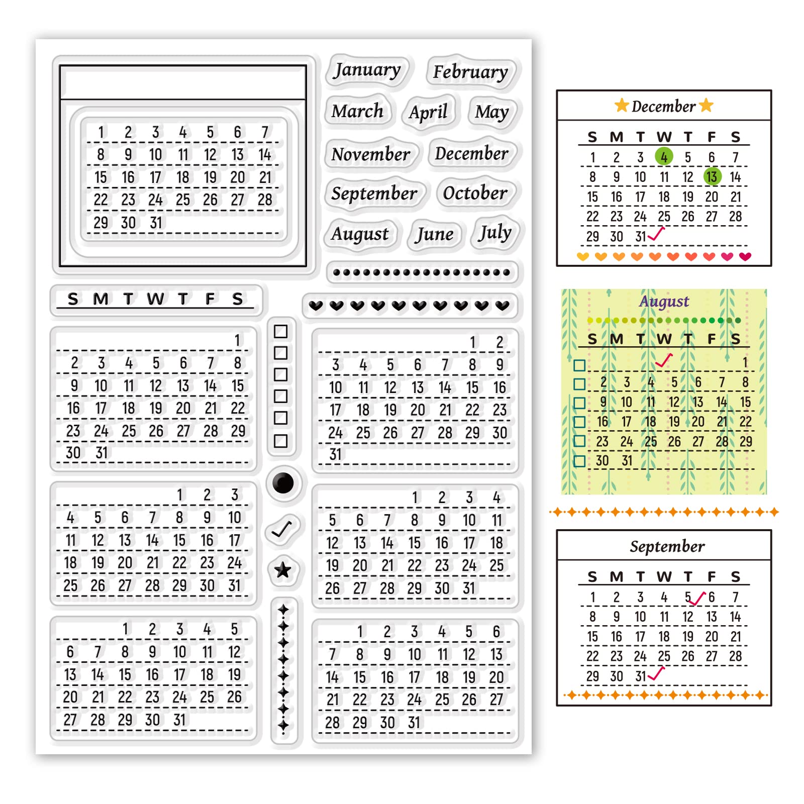 ORIGACH 2025 Planner Calendar Stamps Set - 12pcs Clear Silicone Stamps for January to December, DIY Scrapbooking, Card Making, Journaling & Bullet Journal Decoration - Perfect for Holiday Cards, Gift Tags & Planner Organization