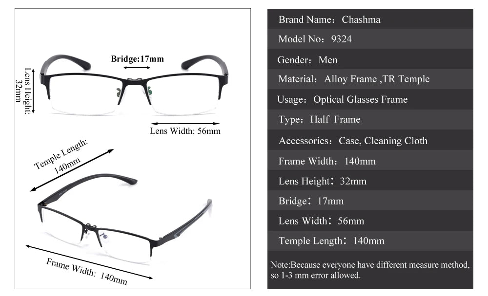 Men's Semi-Rim Square Alloy Eyeglasses with Clip-On Sunglasses 9324 - Stylish Prescription Glasses for Work, Driving & Outdoor Activities