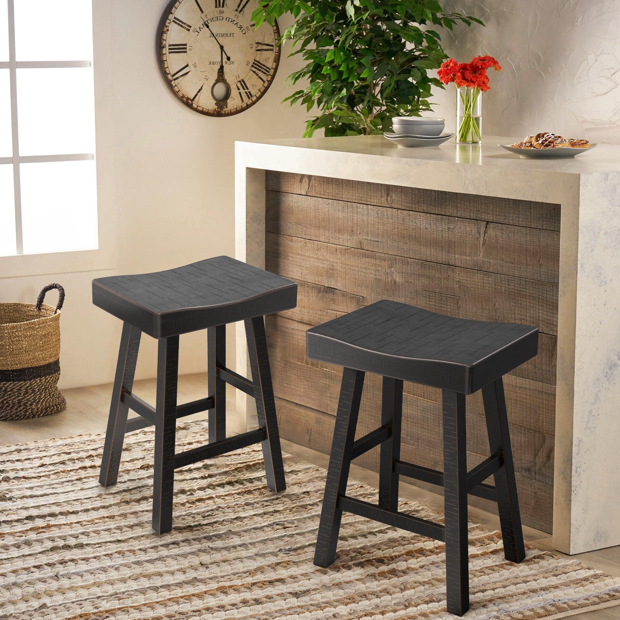 Set of 2 Farmhouse Solid Wood Bar Stools - Backless Saddle Seat Counter Height Chairs for Kitchen Island, Breakfast Nook & Home Office - Perfect for Rustic Decor, Dining & Small Space Living
