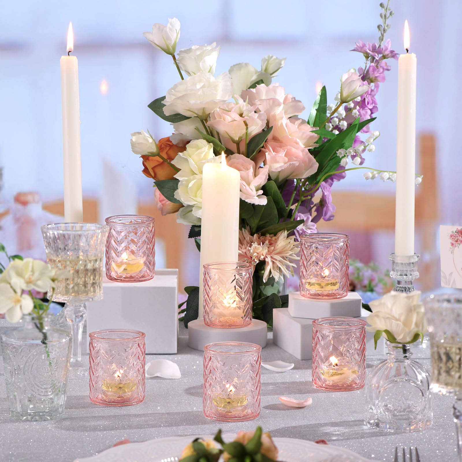 12 Pack Pink Glass Candle Holders - Elegant Votive Tealight Holders for Wedding, Baby Shower & Mother's Day Decor - Romantic Table Centerpiece for Home, Party & Special Occasions