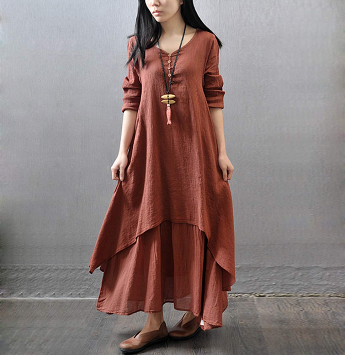 Elonglin Women's Vintage Loose Tunic Dress - Double Layer Cotton Linen T-Shirt Dress for Casual Wear, Summer Outfits & Boho Style