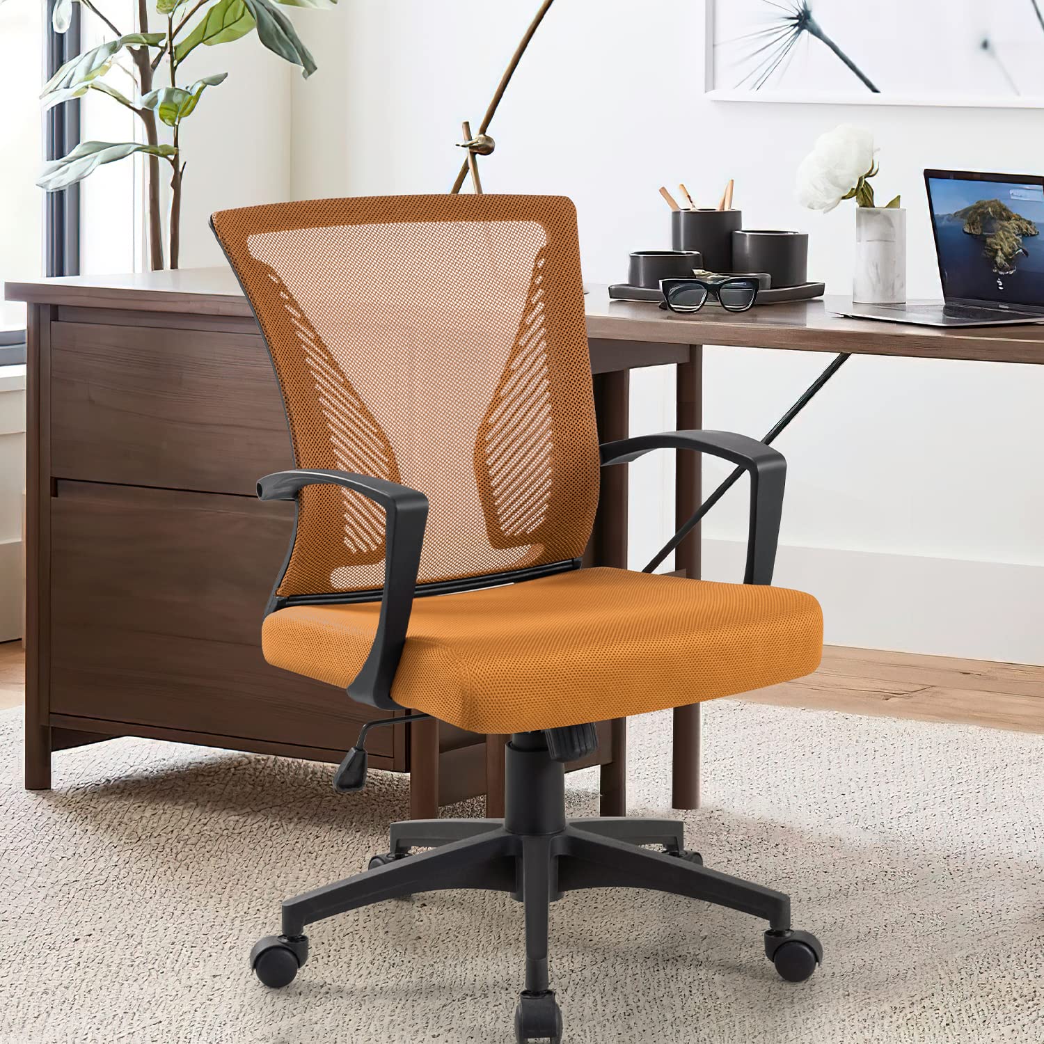 Ergonomic Mesh Office Chair with Lumbar Support - Mid Back Swivel Rolling Computer Desk Chair for Home & Office, Adjustable Armrests (Orange) - Perfect for Long Work Hours, Gaming & Study Sessions
