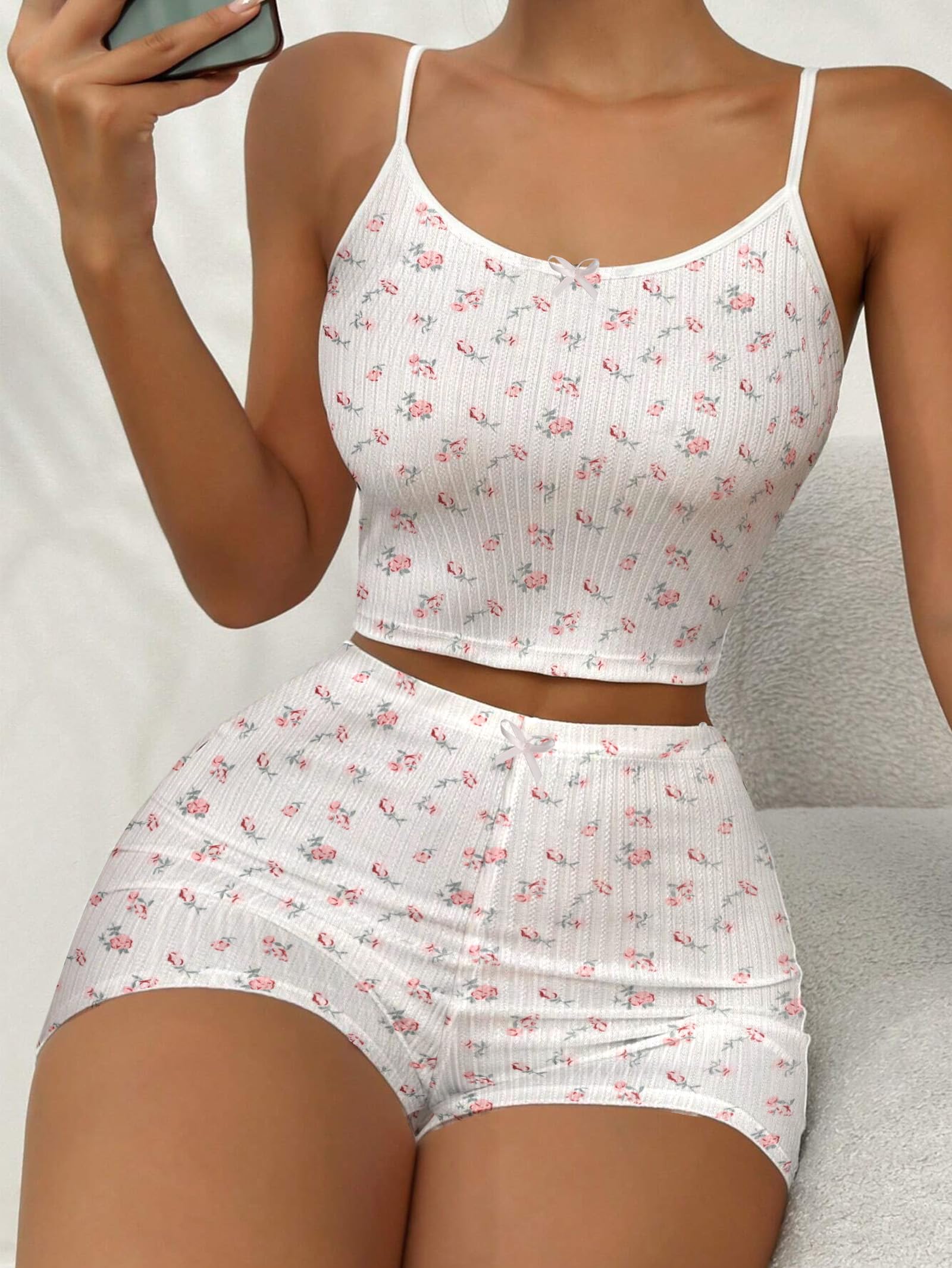 Hilinker Women's Graphic 2-Piece Pajama Set - Summer Cute Crop Cami & Shorts Ribbed Lounge Outfit for Sleepwear, Loungewear & Vacation