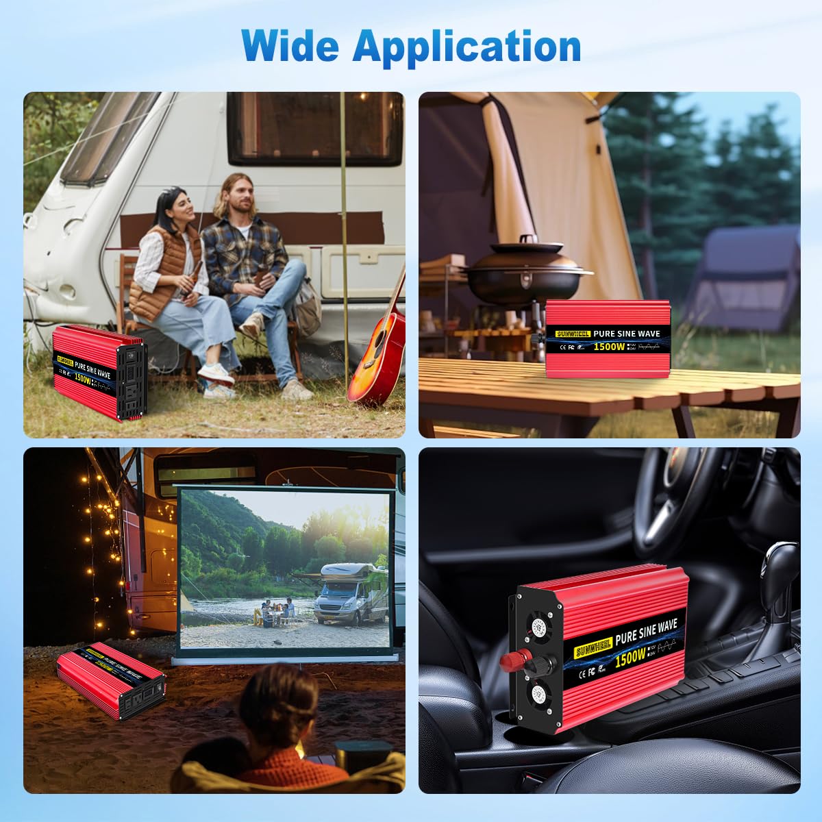 SUNWHEEL 1500W Pure Sine Wave Power Inverter - 12V DC to 110V/120V AC Converter with LCD Display & 2 Outlets for Solar Off-Grid, RV, Truck, Home Appliances (Microwave, Refrigerator, Coffee Maker, TV) - Perfect for Camping, Road Trips & Emergency Power Backup
