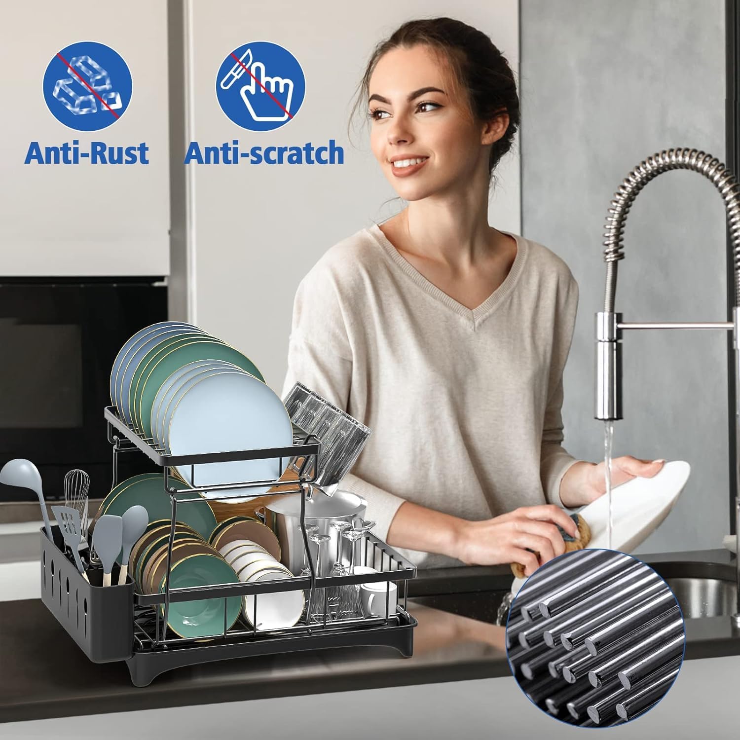 Stainless Steel Over Sink Dish Drying Rack - 2 Tier Adjustable Large Dish Drainer for Kitchen Counter Organization | Space Saving Storage Solution | Perfect for Small Kitchens, Apartments & RV Use (Model RK-281)