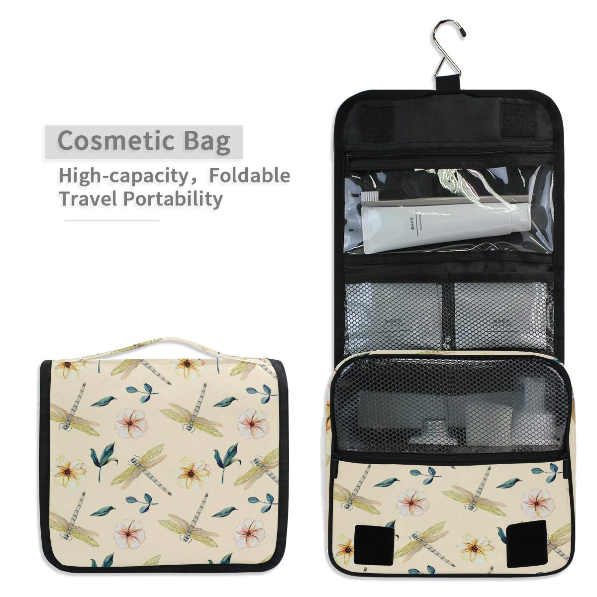 MOYYO Waterproof Hanging Toiletry Bag for Women - Pink Floral with Dragonfly Design, Travel Cosmetic Organizer, Makeup Pouch for Shower, Gym & Vacation | Perfect for College Girls, Business Trips & Camping Accessories