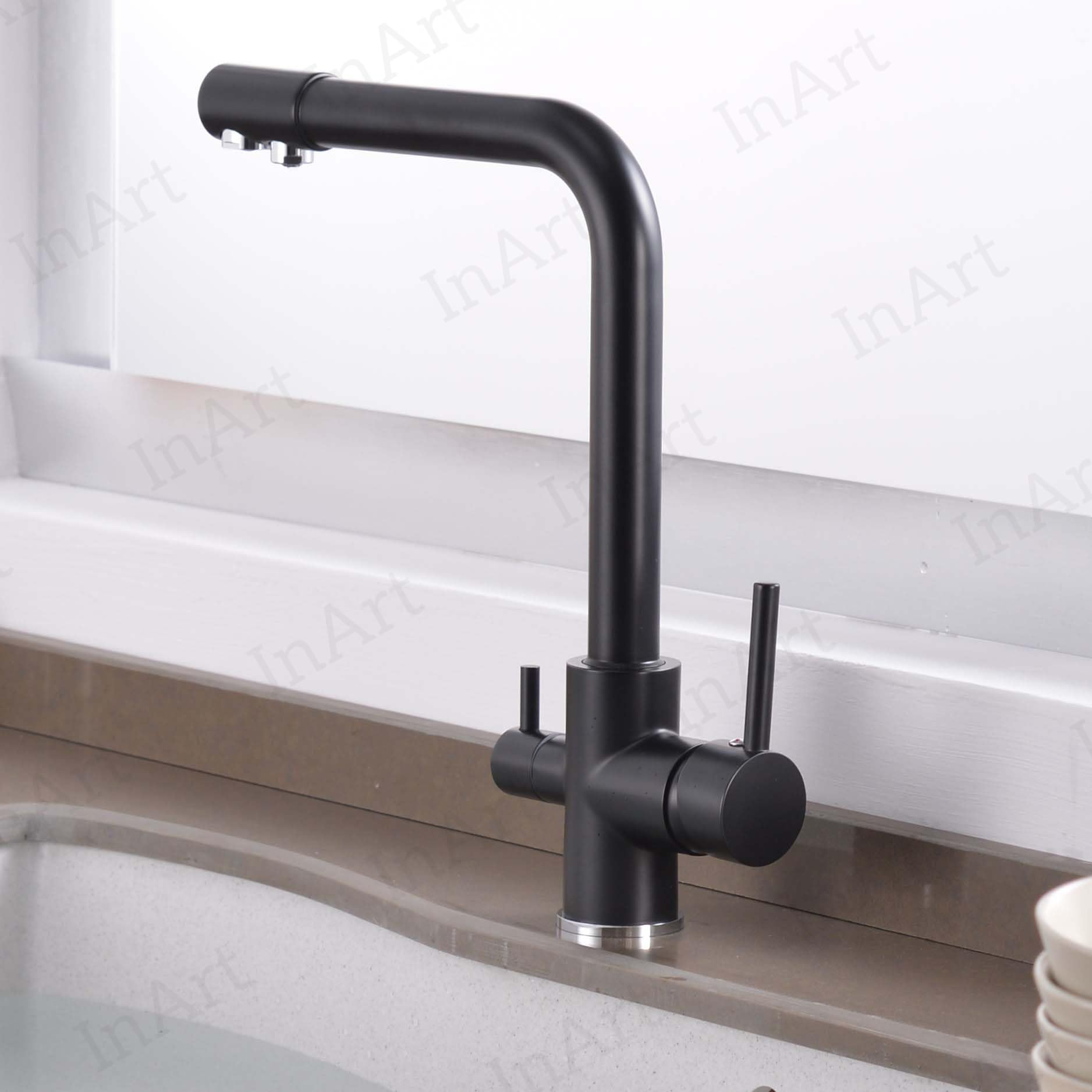 InArt 360° Swivel Kitchen Sink Faucet - Brass Deck Mounted Black with 3-Way Water Filter & Dual Lever Handle - Perfect for Modern Home Kitchen, Restaurant, and RV Use