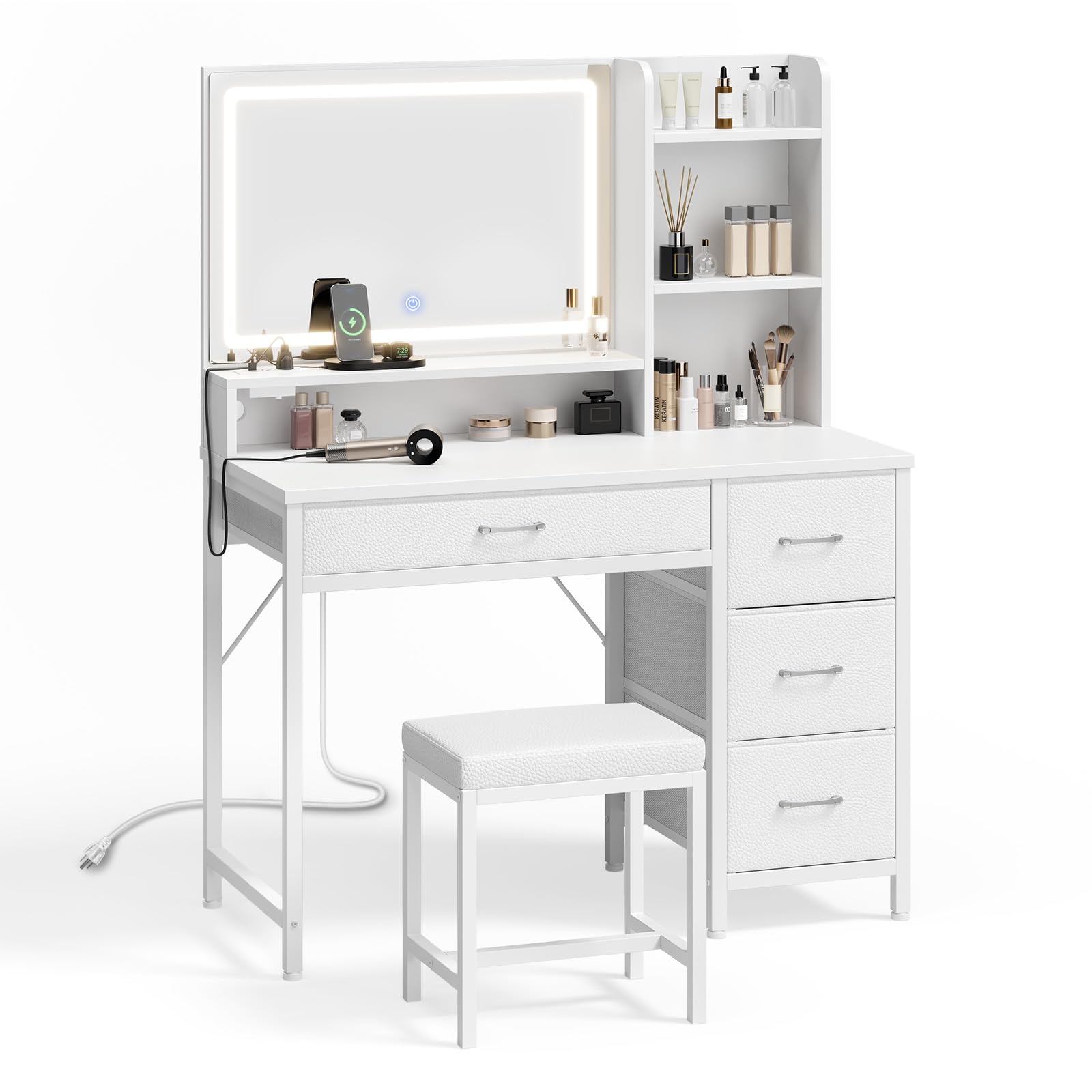 Rolanstar White Vanity Desk Set with Mirror, LED Lights & Stool - 4 Drawers, Power Outlets, Storage Compartments - Modern Dressing Table for Makeup, Skincare & Bedroom Organization (Perfect for Small Spaces & Beauty Routines)