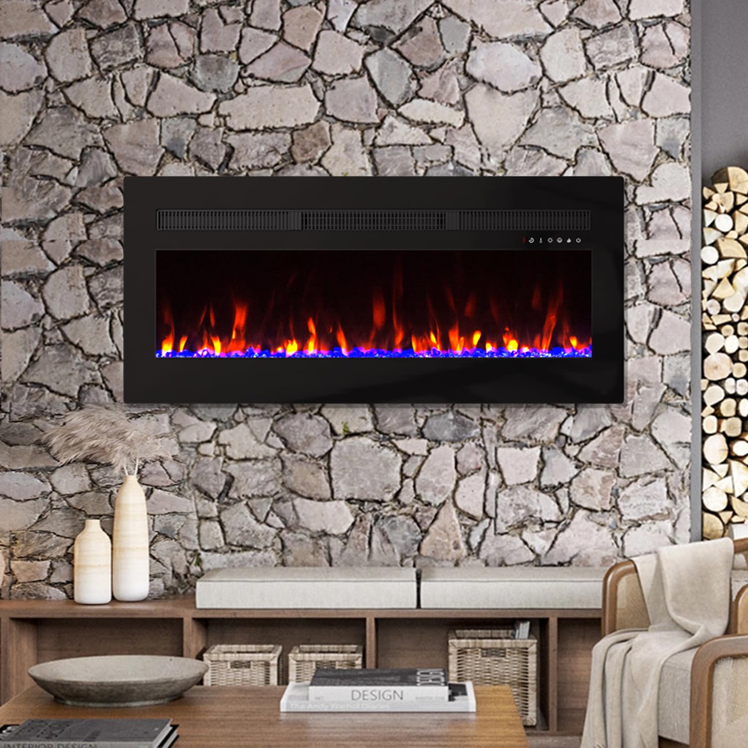 Panana 50-inch Recessed Electric Fireplace Heater - 1400W Wall Mounted Fireplace with Remote, 8H Timer, 20 Color Flame Options (Includes Log Set & Crystal) - Perfect for Living Room, Bedroom & Office Heating