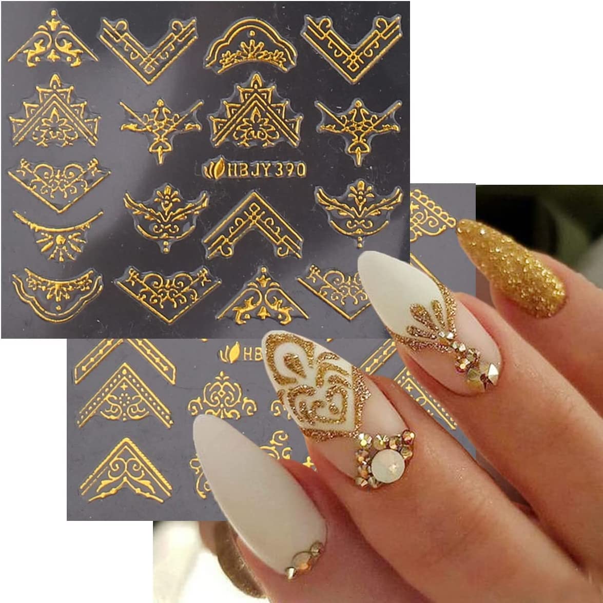 3D Gold Floral Nail Art Stickers - Self Adhesive Nail Decals with Leaves & Flowers for Women & Girls (12 Styles) - Perfect for Parties, Weddings, and Special Occasions