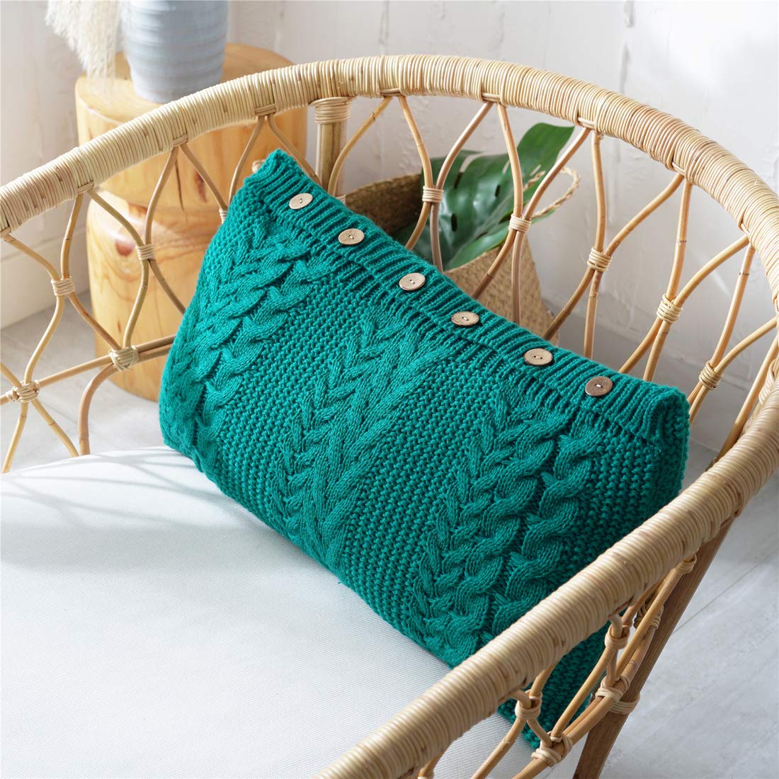 Vctops Decorative Lumbar Knitted Throw Pillow Cover with Insert - Soft Button Closure Cozy Cushion for Sofa, Bed, Chair (Green, 14x26 Inches) - Perfect for Living Room, Bedroom & Home Decor