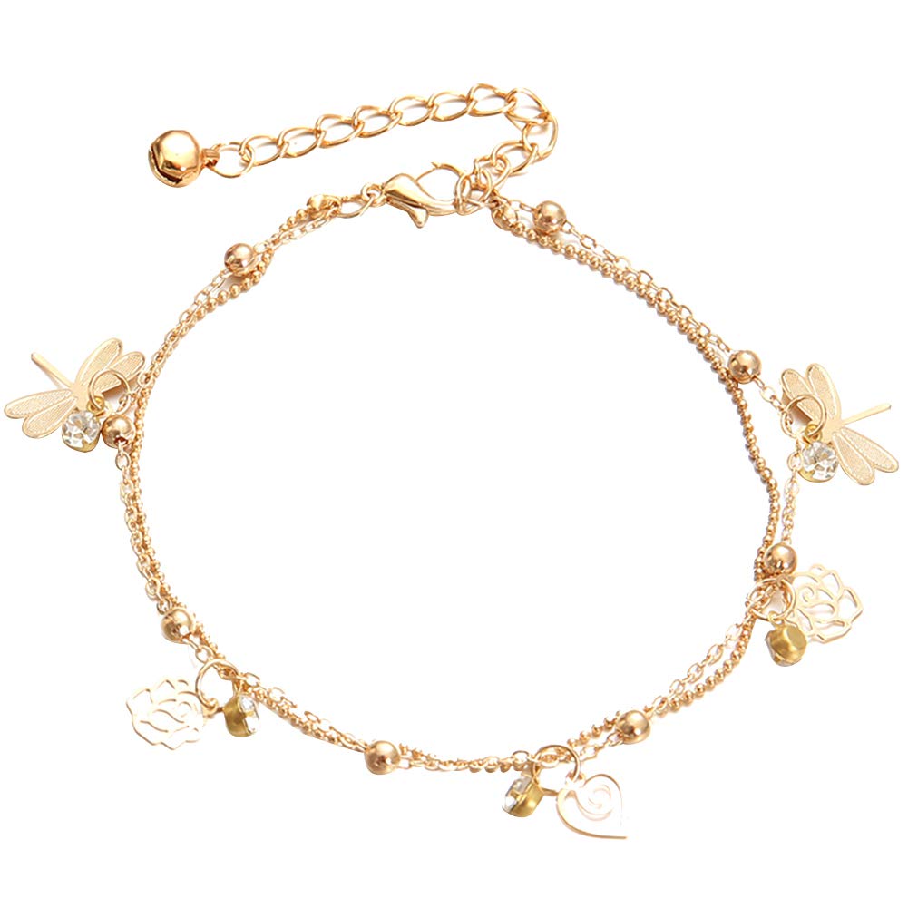 Adonpshy Women's Double Layer Dragonfly Flower Heart Charm Anklet Bracelet - Elegant Sandal Jewelry, Perfect Gift for Her, Ideal for Beach, Summer & Boho Fashion