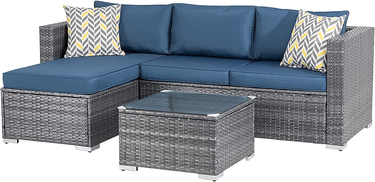 JAMFLY 3-Piece All-Weather Wicker Patio Furniture Set - Outdoor Sectional Sofa with Coffee Table & Cushions, Aegean Blue - Perfect for Backyard, Garden, Poolside & Patio Relaxation