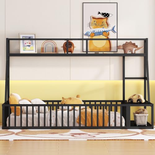 Kids Floor Bed with Safety Fence - Twin Size Metal Loft Bed with Built-in Desk & Storage Shelves for Children's Room - Black - Perfect for Small Spaces & Montessori Bedrooms