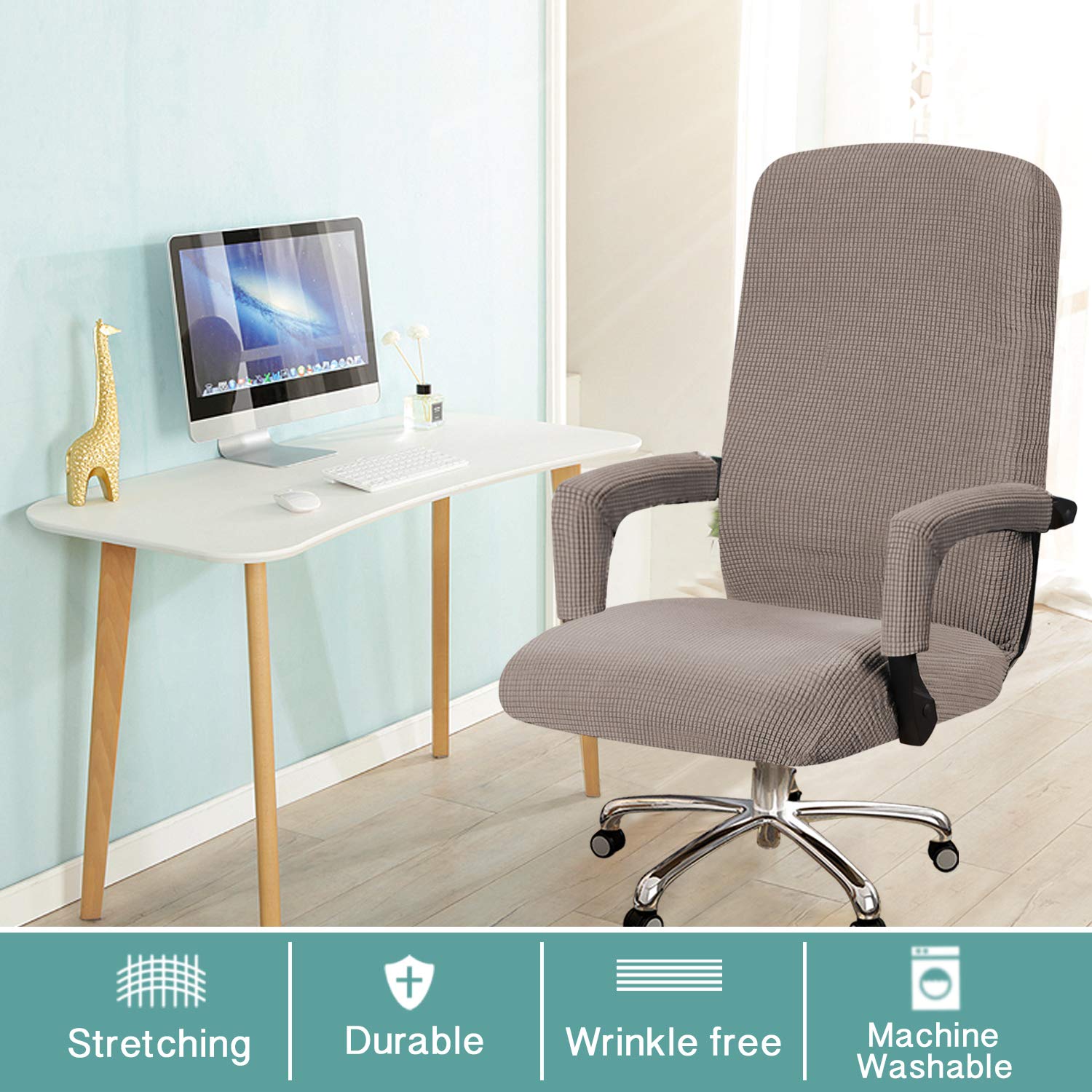 Turquoise Stretch Office Chair Cover with Arms - Universal Removable Computer Chair Slipcover for Desk & Rotating Chairs - Pet-Friendly Taupe Fabric for Dogs & Cats - Perfect for Home Office, Gaming & Workspaces