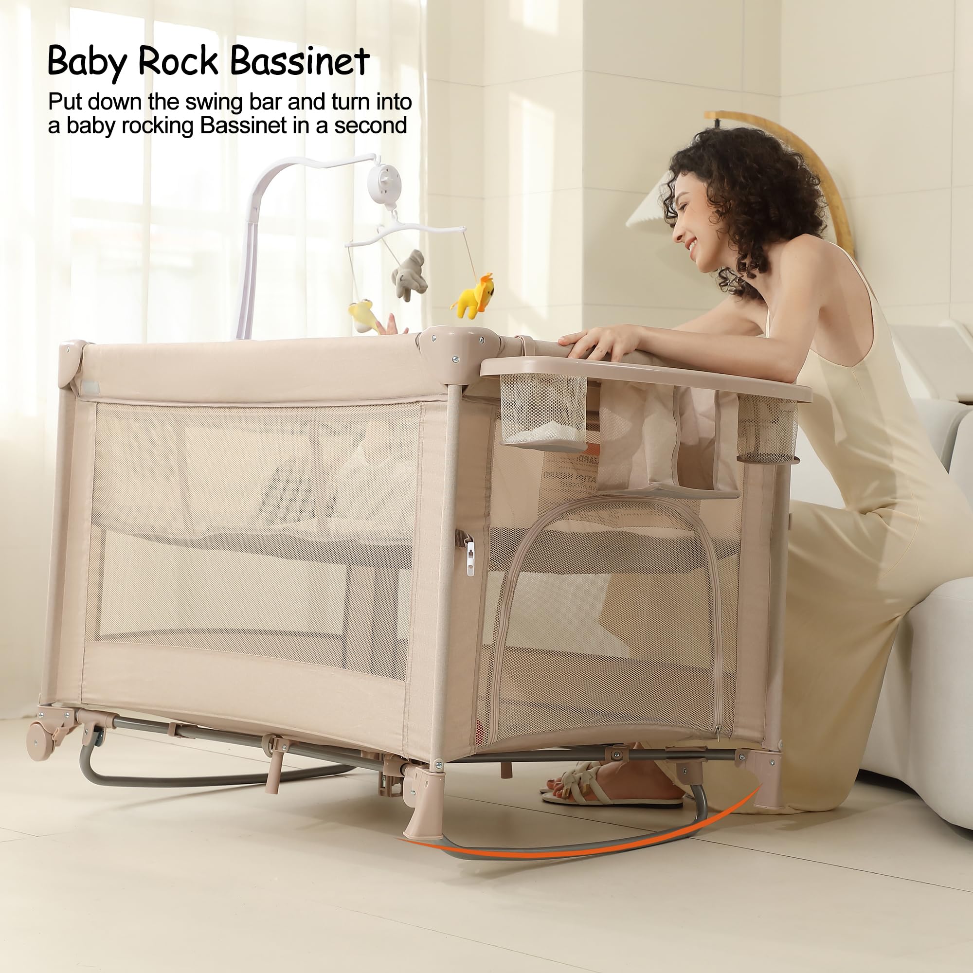 5-in-1 Baby Playard with Bassinet & Changing Table - Portable Foldable Travel Crib for Newborn to Toddler - Bedside Sleeper & Playpen for Nursery, Bedroom & Travel (Beige)