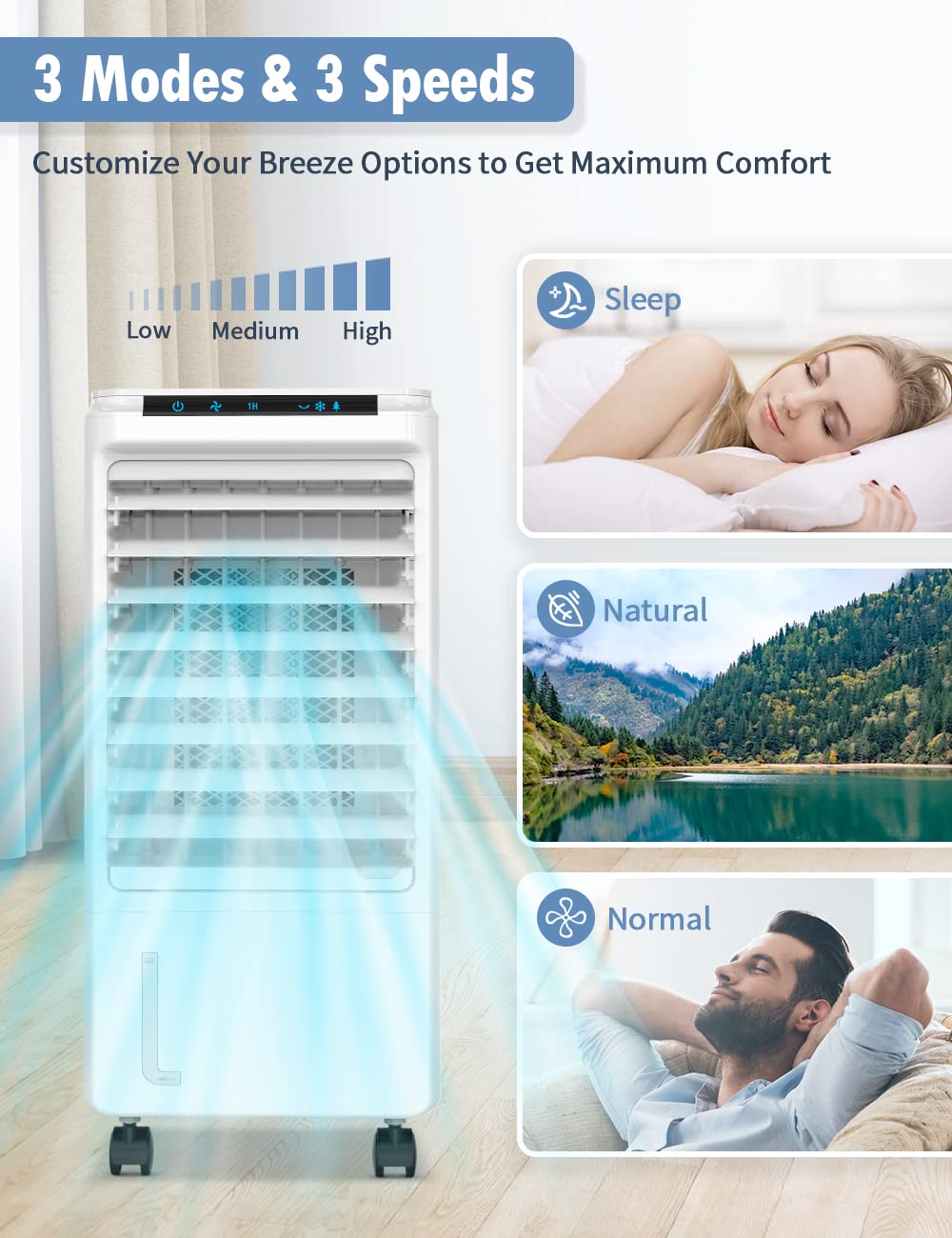 AOLOS 3-in-1 Portable Evaporative Air Cooler with Remote - 3 Speed Settings, 1.85 Gallon Water Tank, 7 Hour Timer & 40° Oscillation - Ultra Quiet Cooling Fan for Home, Office & Bedroom - Perfect for Summer, Hot Weather & Indoor Spaces