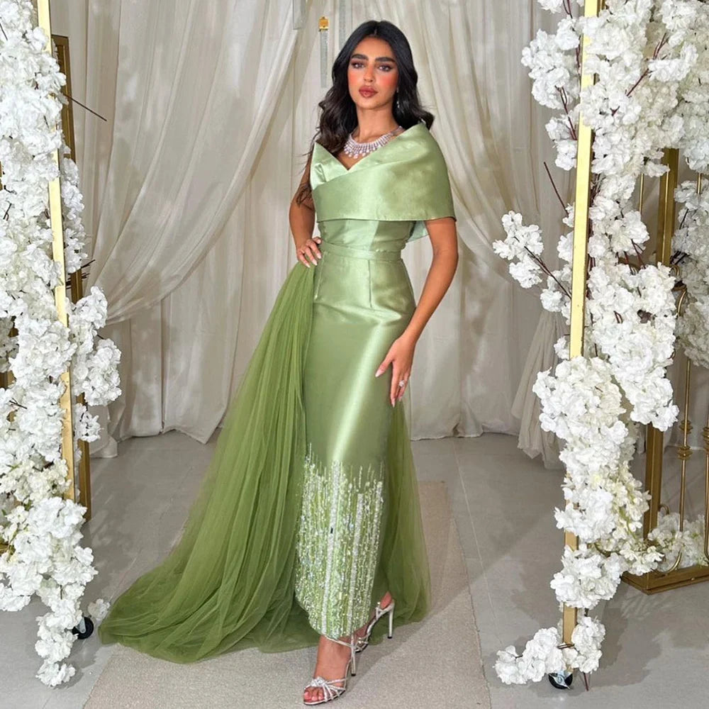 Serene Hill Sage Green Satin One Shoulder Beaded Mermaid Tea Length Evening Gown for Women - Wedding Guest Dress, Cocktail Party, Formal Occasions - LA72194