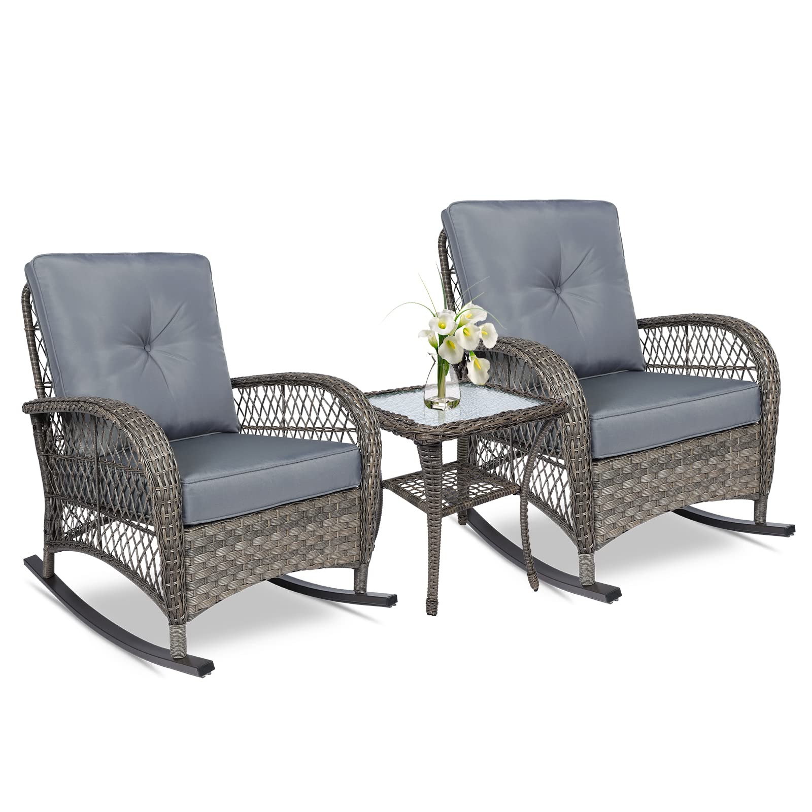 VIVIJASON 3-Piece Outdoor Wicker Bistro Set with 2 Rocking Chairs, Cushions & Glass Top Side Table - Patio Rattan Furniture for Garden, Porch, Backyard (Grey) | Perfect for Relaxing, Entertaining & Enjoying Outdoor Spaces