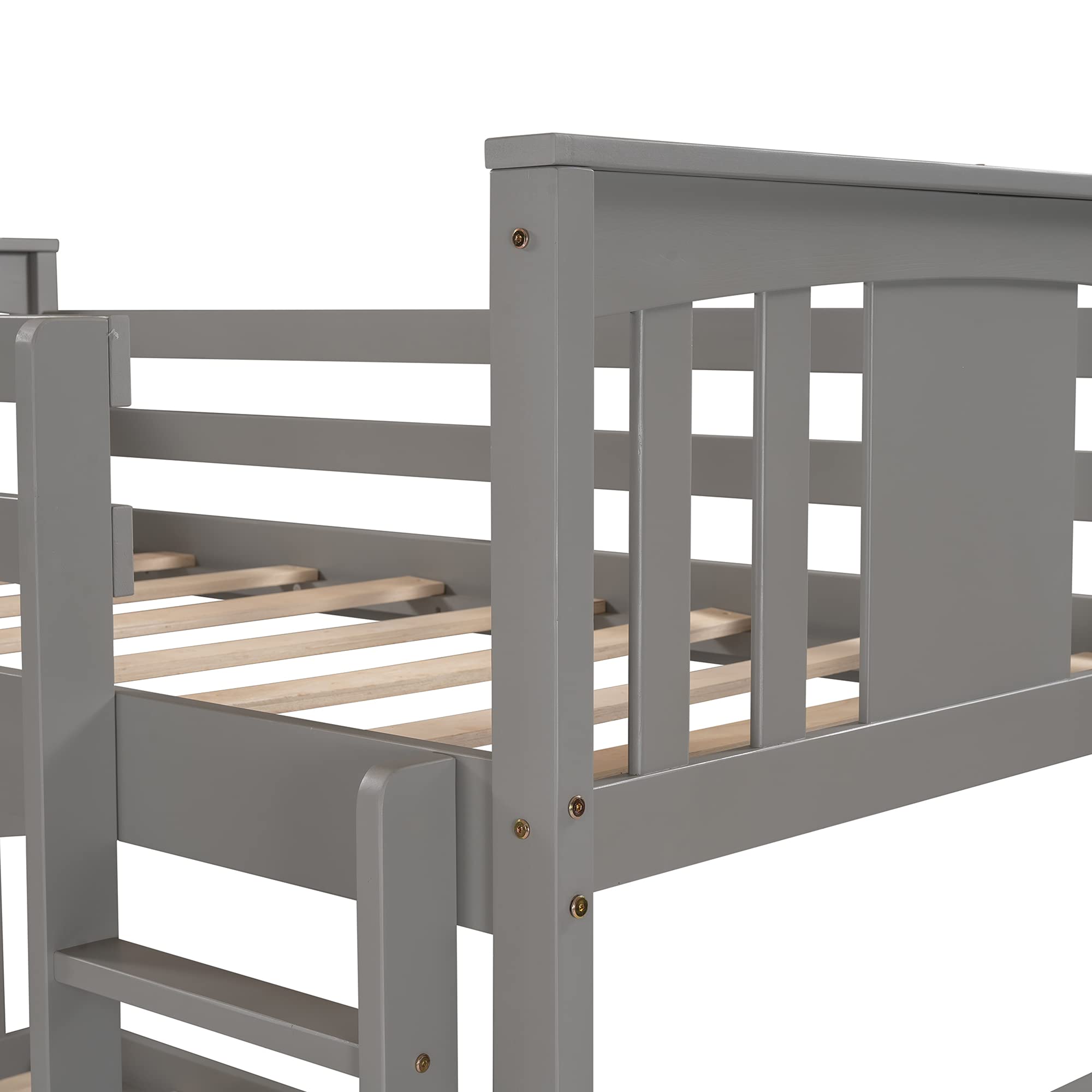 **Twin Over Twin Bunk Bed with Trundle for Kids - Solid Wood Bunk Bed Frame with Headboard, Footboard & Ladder - No Box Spring Needed - Space-Saving Bedroom & Guest Room Furniture (Gray) - Perfect for Small Rooms, Sleepovers & Shared Kids' Bedrooms**