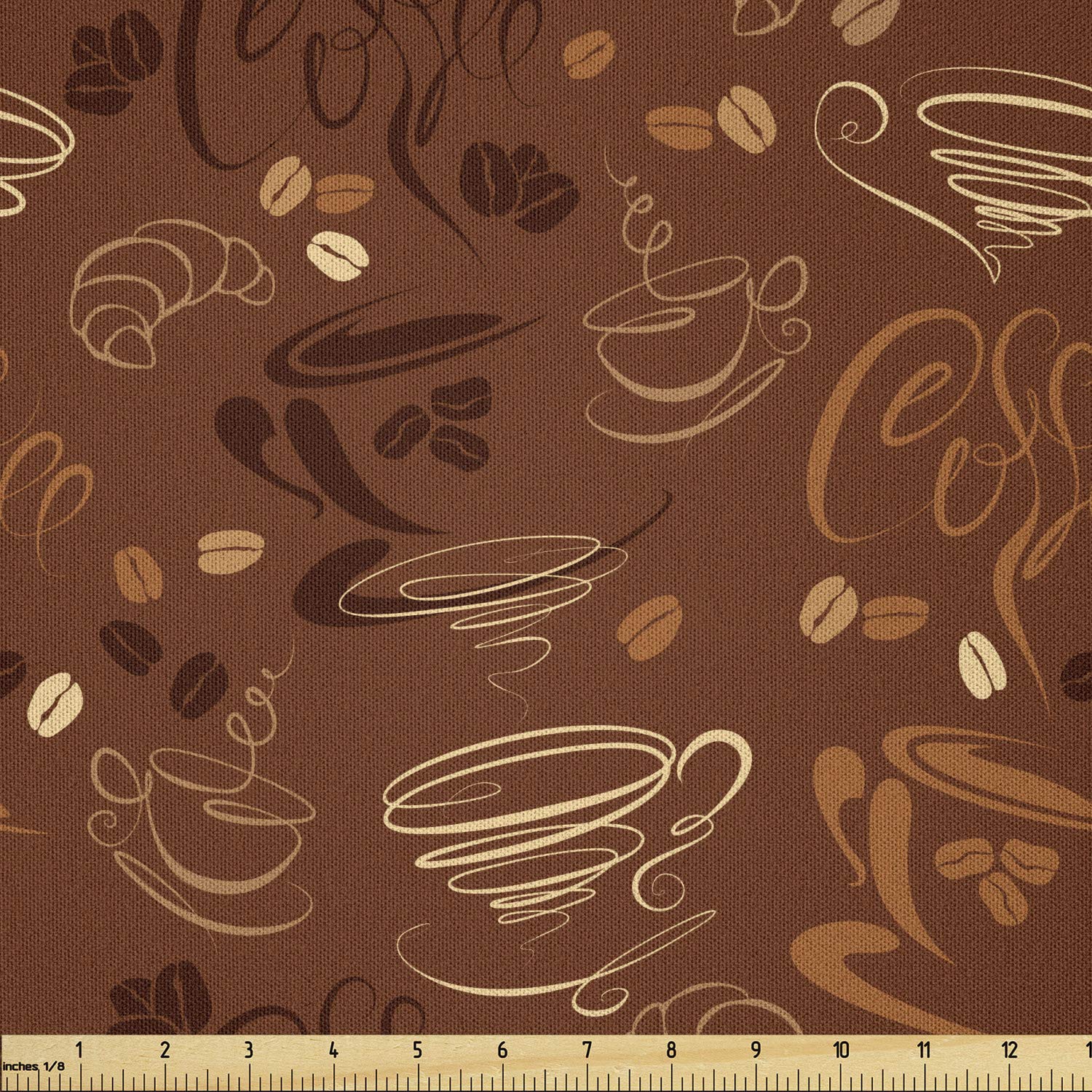 Lunarable Coffee Fabric by The Yard - Doodle Style Cups & Beans Abstract Pattern, Dark Brown Microfiber Textile for DIY Crafts, Home Decor & Upholstery (10 Yards) - Perfect for Sewing Projects, Pillow Covers & Table Runners