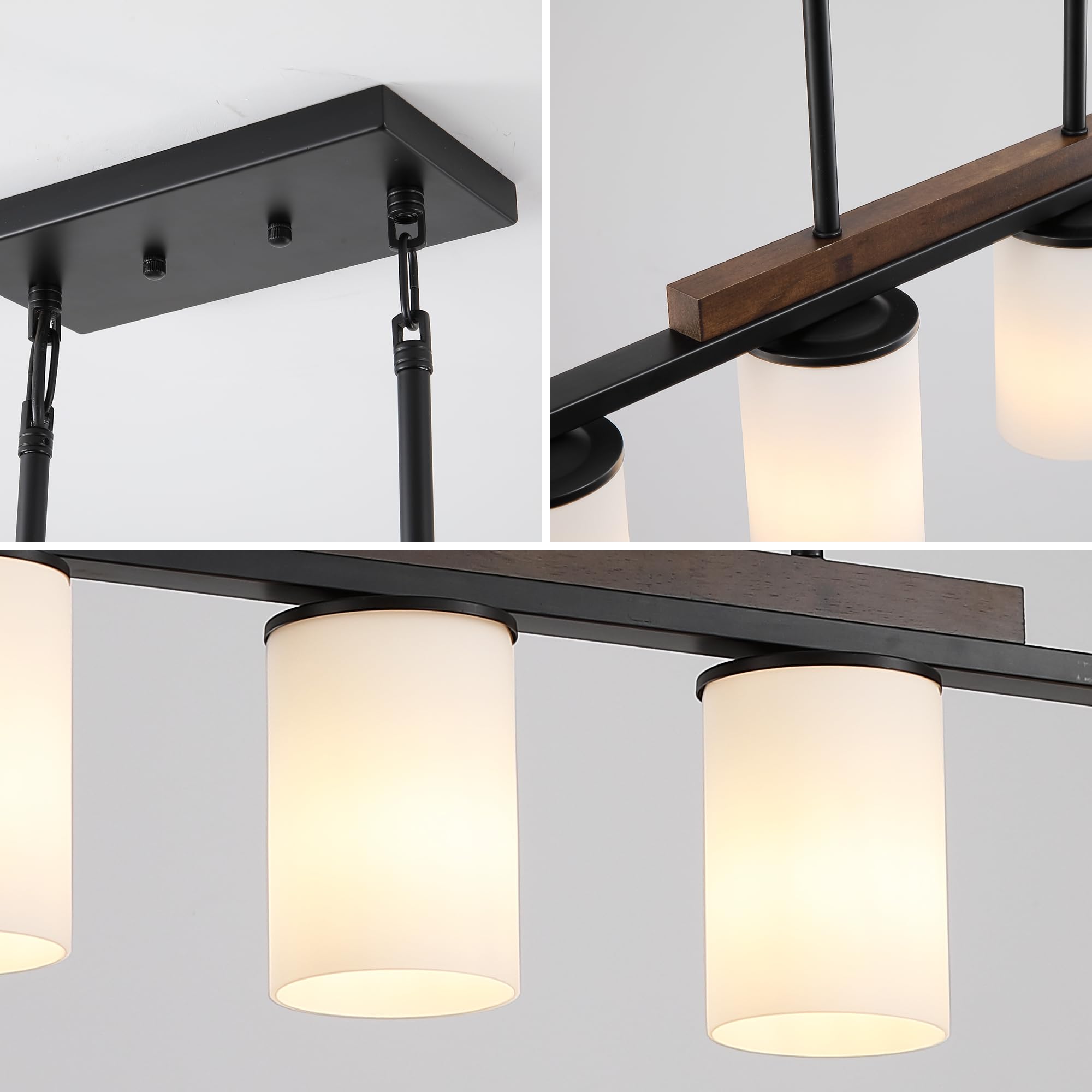 Farmhouse Black Pendant Lights with Milk Glass Shade - 4 Light Linear Chandelier for Dining Room & Kitchen Island - Rustic Wood Accent Lighting Perfect for Farmhouse, Industrial & Modern Decor