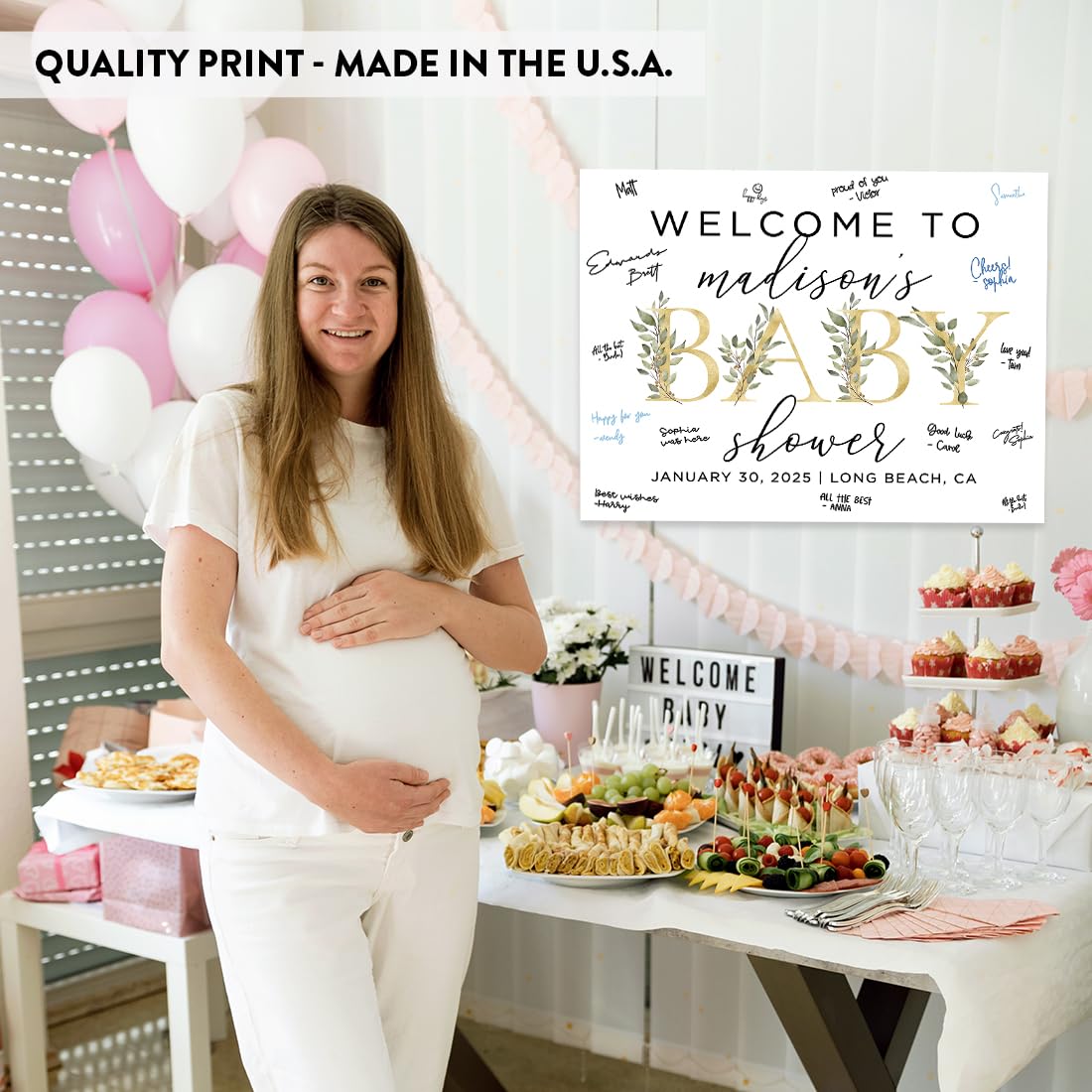 Personalized Large Canvas Baby Shower Welcome Sign - 16x20 Inches Gold Greenery Design - Custom Guest Book Alternative for Baby Showers & Baby Sprinkles - Perfect for Nursery Decor, Gender Reveals & Newborn Celebrations