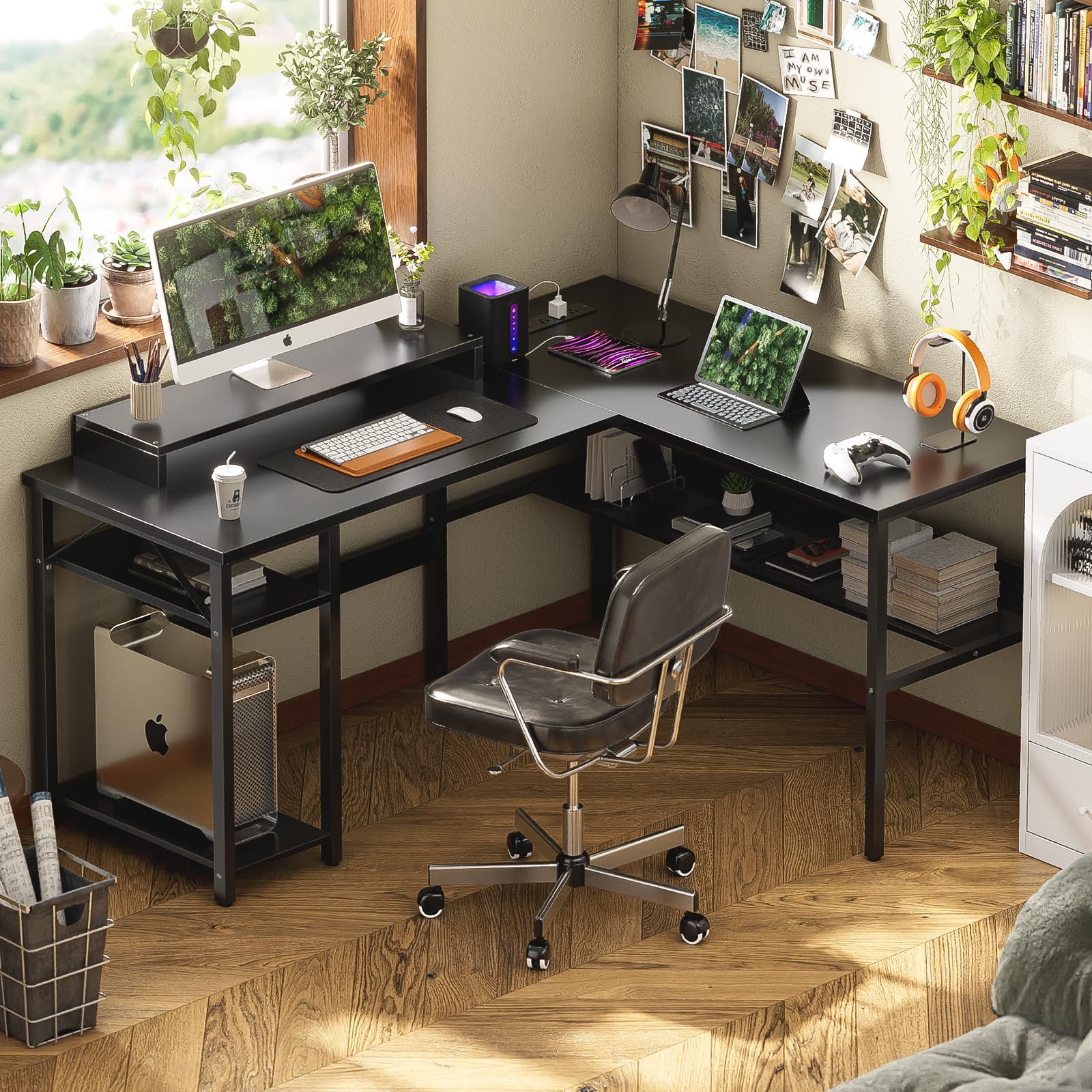 Reversible L-Shaped Desk with USB Power Outlets & LED Light - Sturdy Corner Computer Desk with Monitor Stand & Storage Shelves - Gaming & Home Office Desk - Easy Assembly - Black - Perfect for Small Spaces & Multi-Monitor Setups