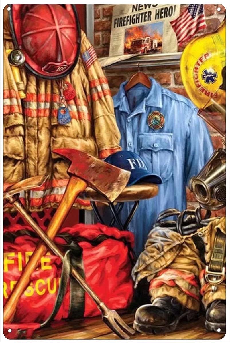 Vintage Firefighters Metal Tin Sign - Rustic Retro Wall Art for Home, Office, Cafe & Bar Decor (12x16 Inch) - Perfect for Living Room, Bedroom, Garden & Club Wall Decoration