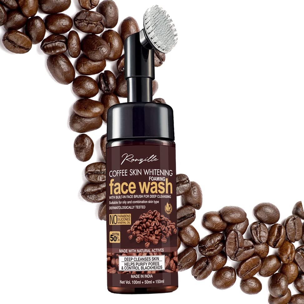 Ronzille Apple Cider Vinegar Foaming Face Wash with Built-In Brush - Deep Cleansing & Brightening Facial Cleanser (150ml) for Acne-Prone & Oily Skin - Coffee Extract for Skin Whitening - Perfect for Morning & Night Skincare Routine
